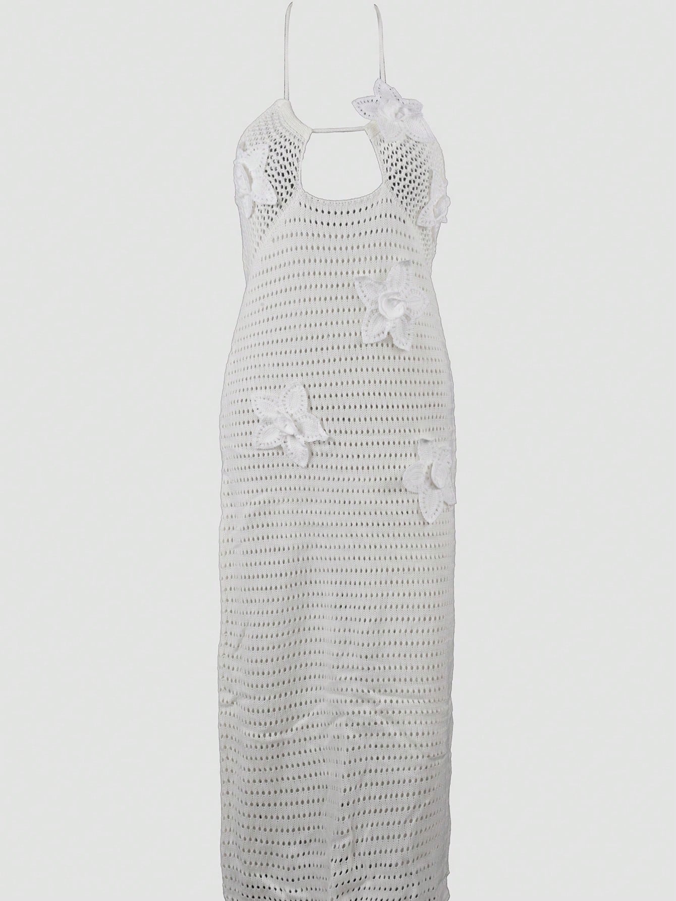 Women's Floral Applique Hollow Out Halter Maxi Dress Knit Summer Beachwear
