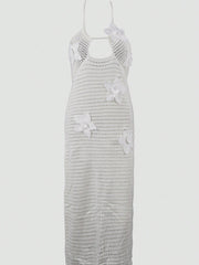 Women's Floral Applique Hollow Out Halter Maxi Dress Knit Summer Beachwear