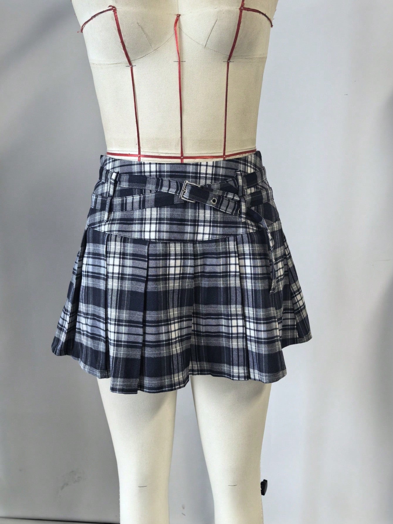 Women's Blue Grey Plaid High Waist Pleated Mini Skirt with Belt