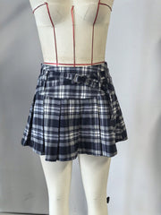 Women's Blue Grey Plaid High Waist Pleated Mini Skirt with Belt