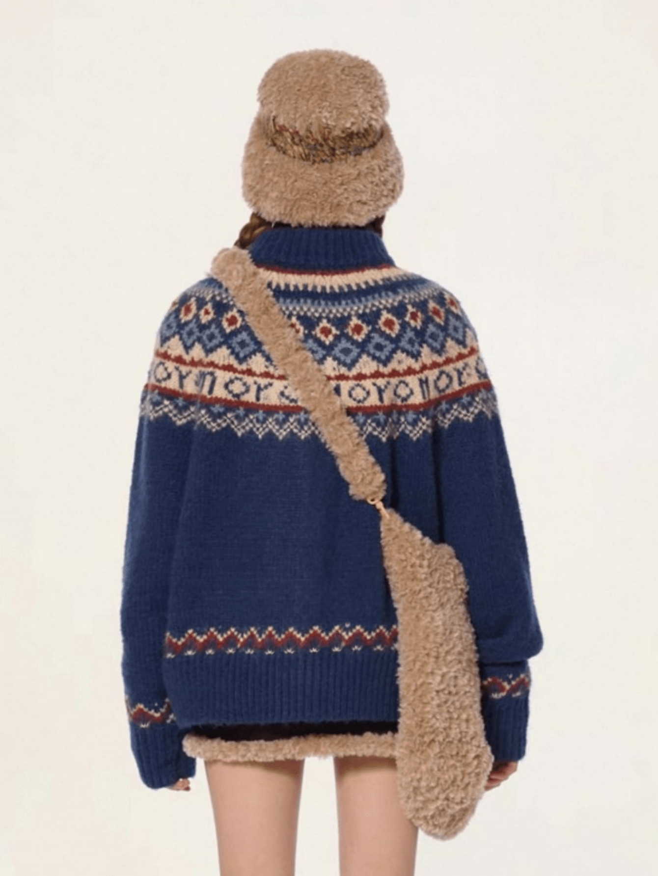 Women's Navy Blue Fair Isle Turtleneck Sweater, Retro Knitted Pullover with Ethnic Pattern for Winter