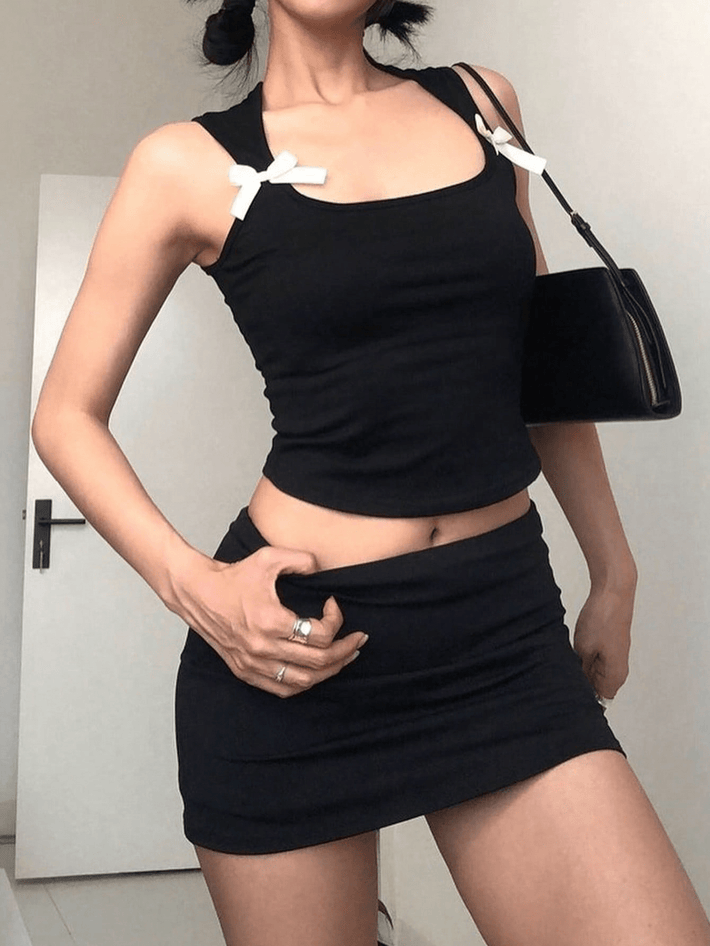 Women's Black Square Neck Two Piece Set - Crop Top and Mini Skirt