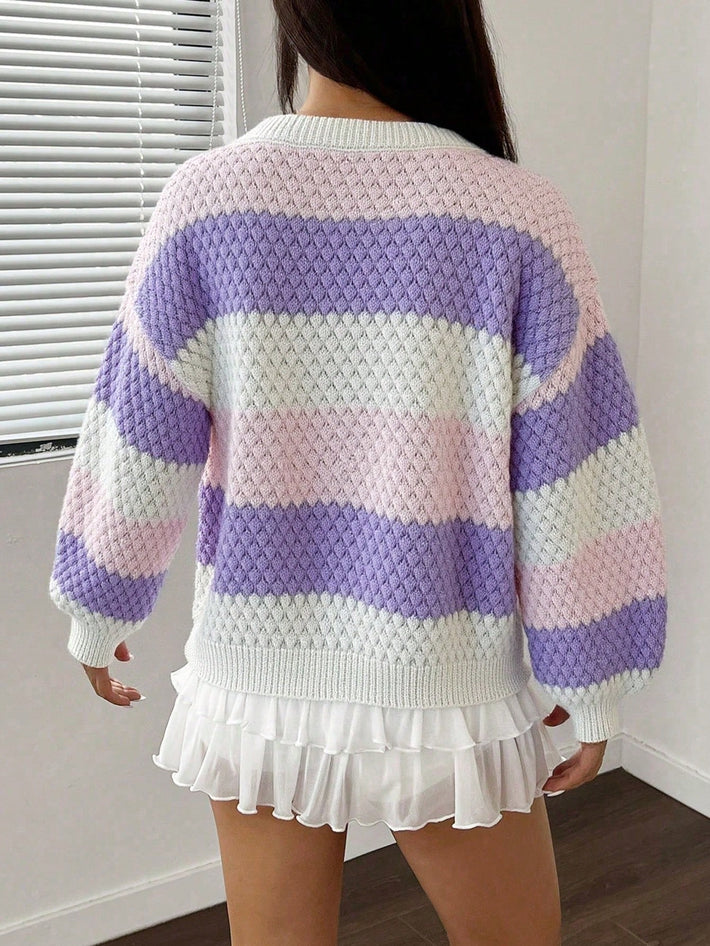 Women's Sweet Pink and Purple Striped Bubble Knit Cardigan Sweater