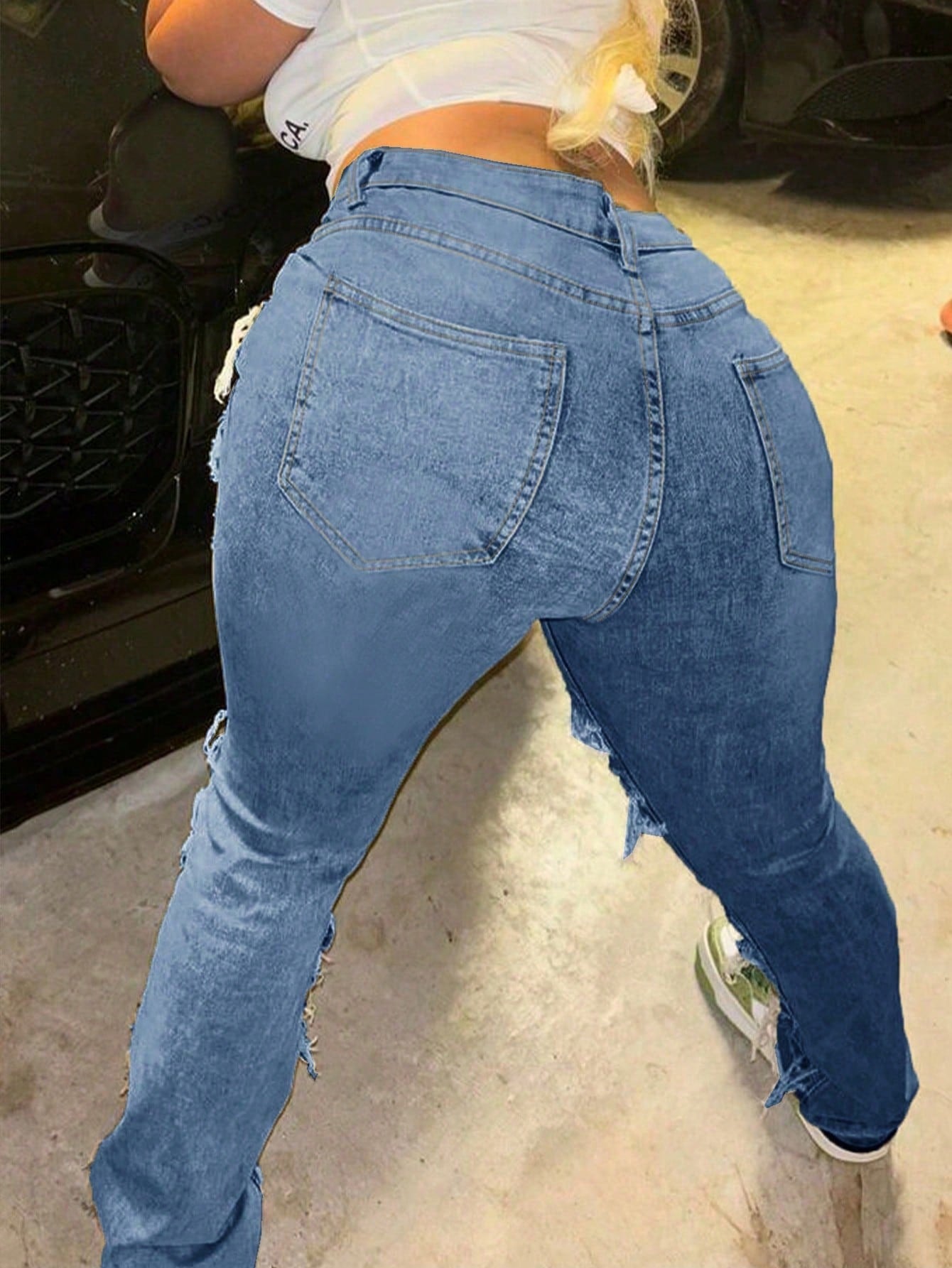 Women's Mid Blue Heavily Distressed Raw Hem Straight-Leg Jeans