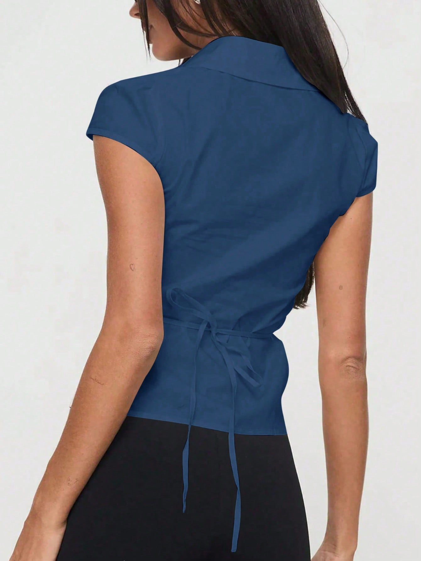 Women's Navy Blue Ruched Short-Sleeve Crop Top - Casual Sexy Daily & Summer Outing Top