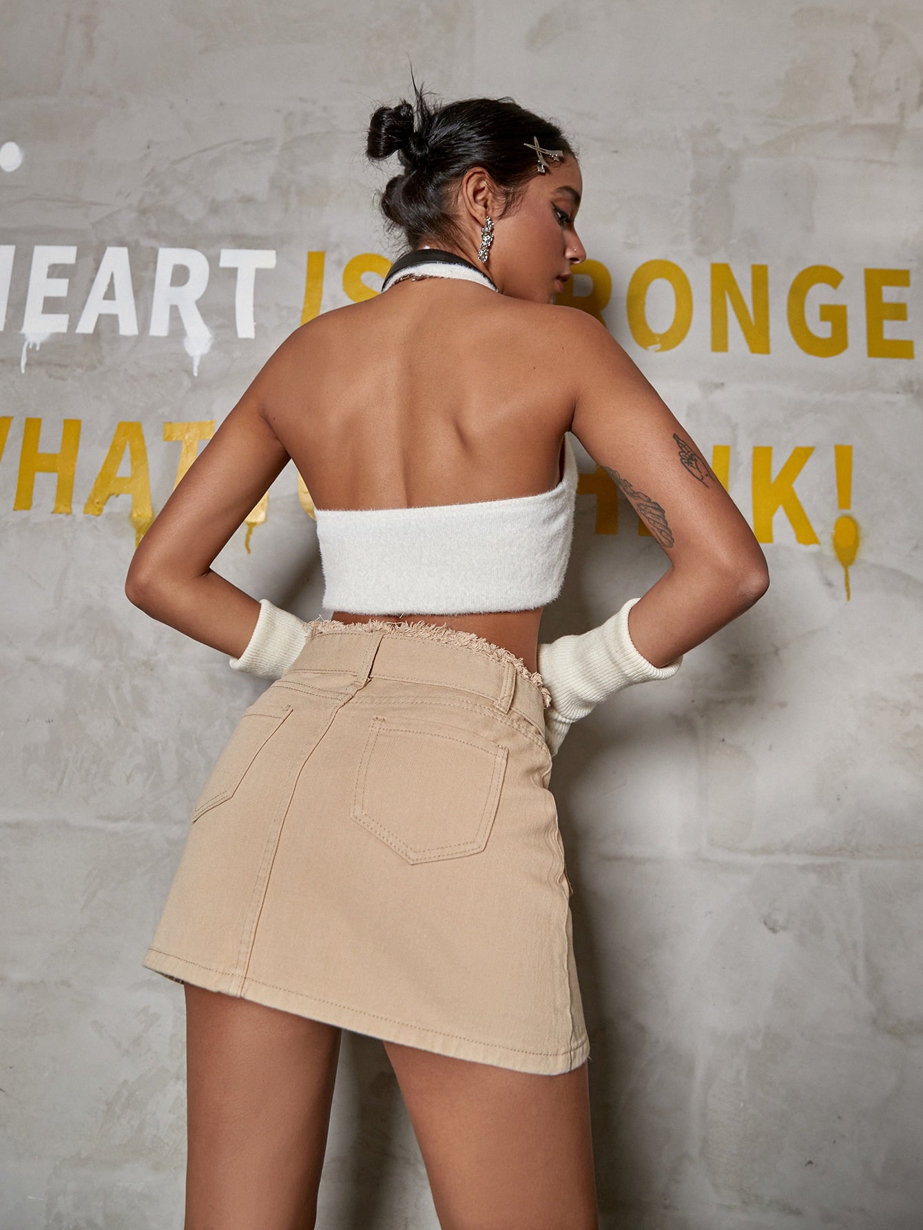 Women's Apricot Denim Mini Skirt with Front Slit