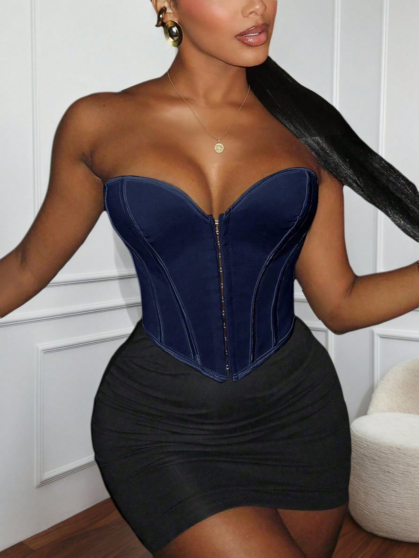 Women's Navy Blue Boned Corset Top with Hook and Eye Closure