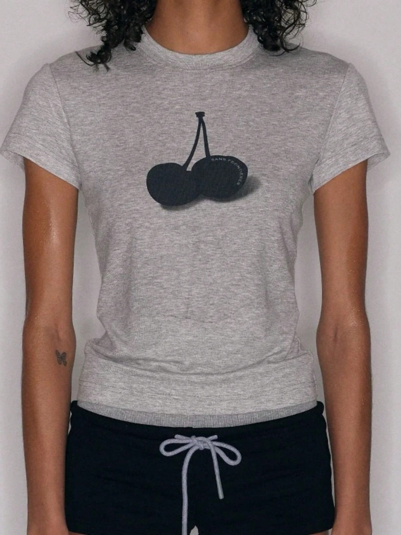 Women's Grey Viscose Blend Slim Fit Cherry Graphic Short Sleeve T-Shirt