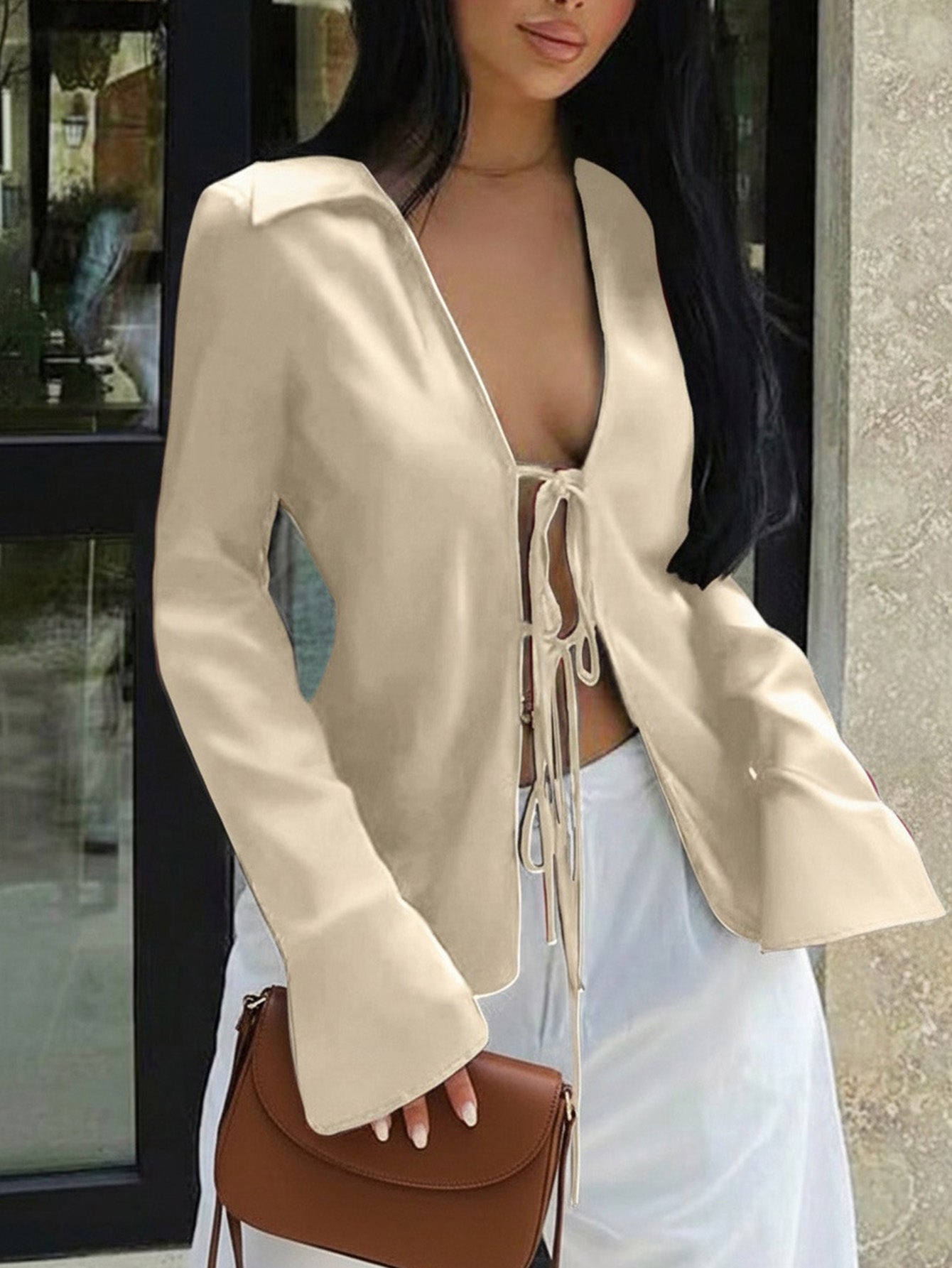 Women's Apricot Satin Tie-Front Long Sleeve Top with V-Neck