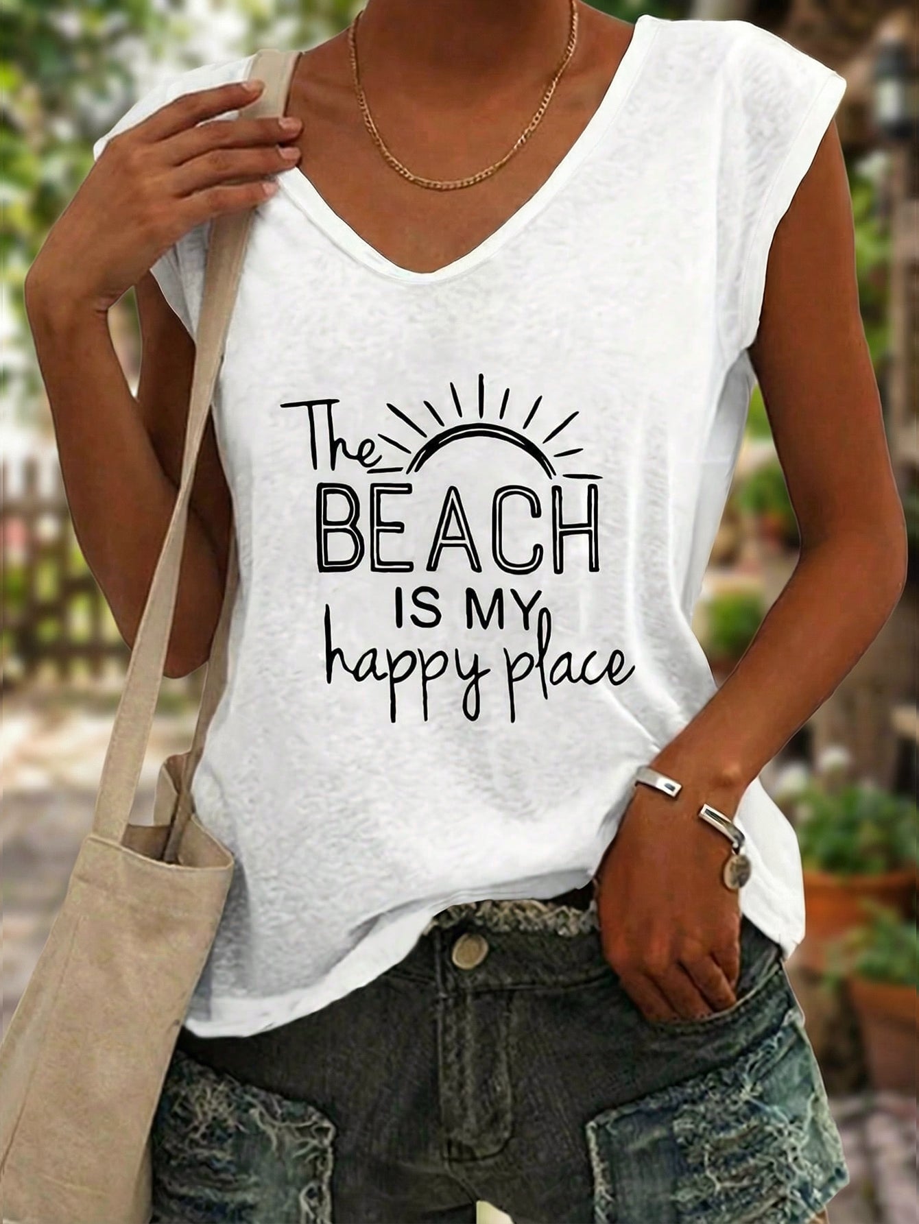 Women's Women Sleeveless Graphic Tank Top The Beach Is My Happy Place Print Tee