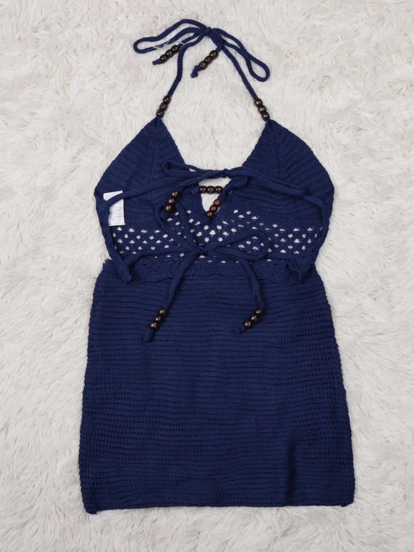 Women's Navy Blue Crochet Knit Halter Top and Mini Skirt Set with Bead Details