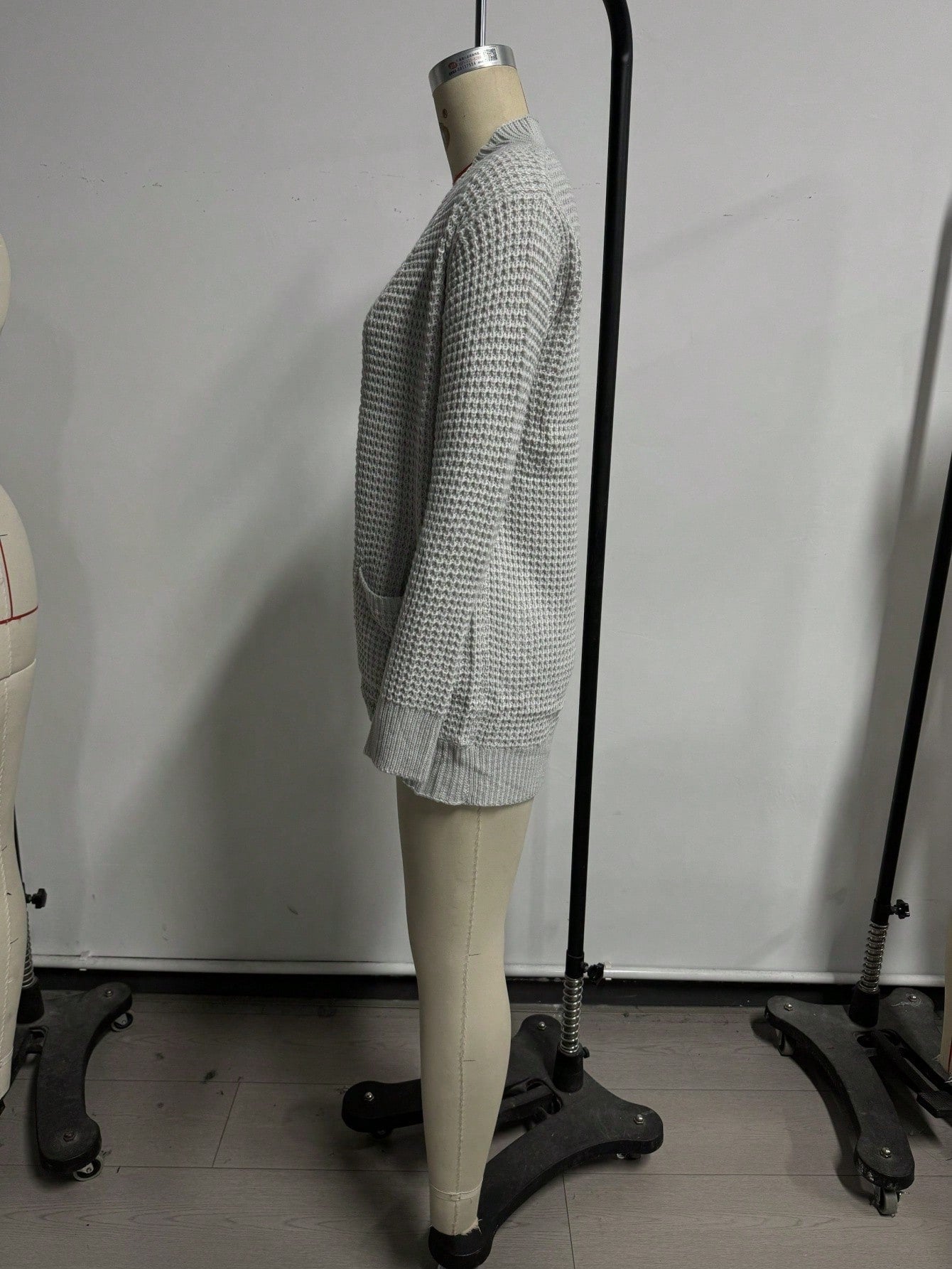 Women's Gray Ribbed Knit Henley Top with Button Placket