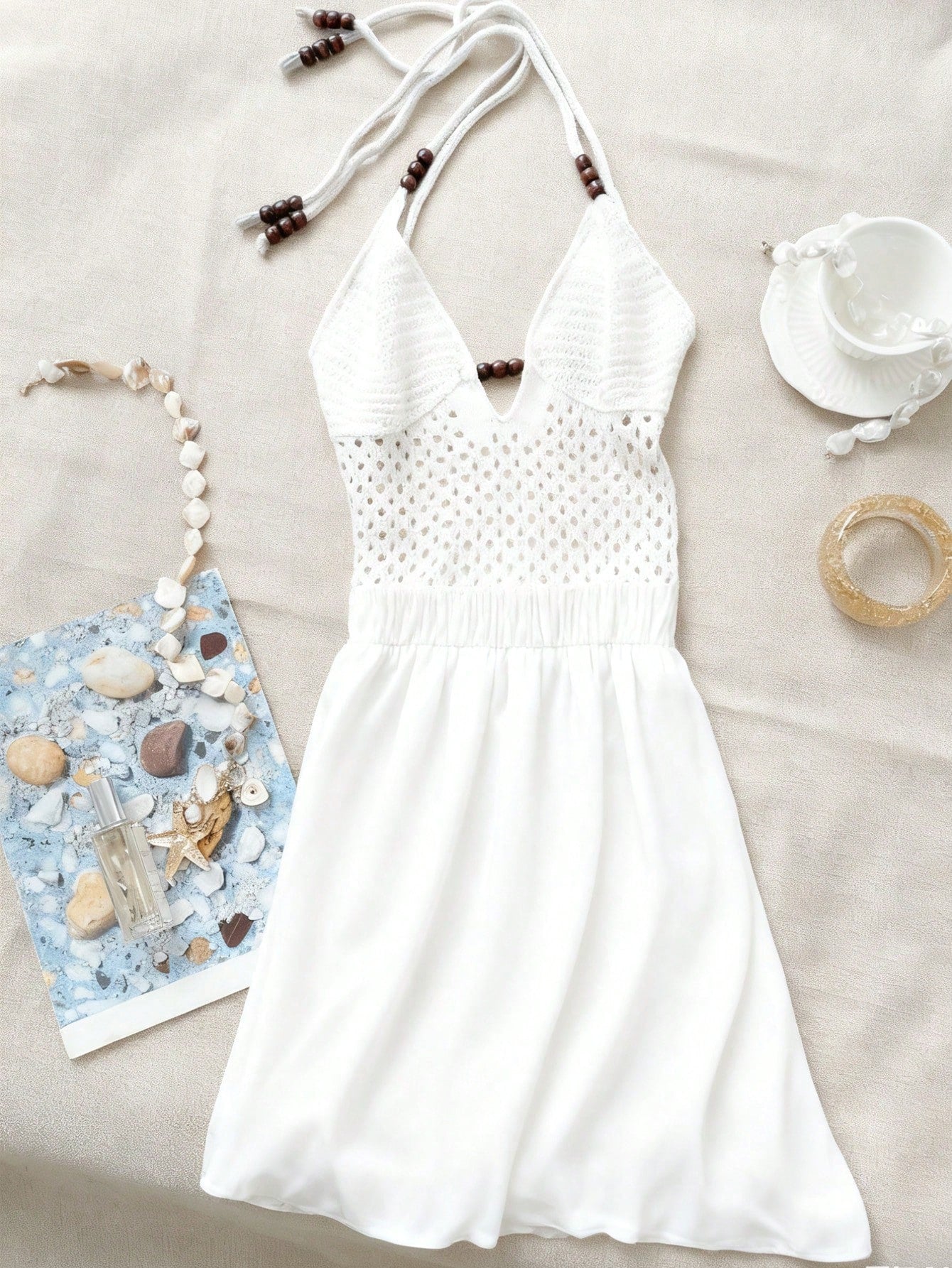 Women's White Crochet Backless Halter Neck Bodycon Mini Dress