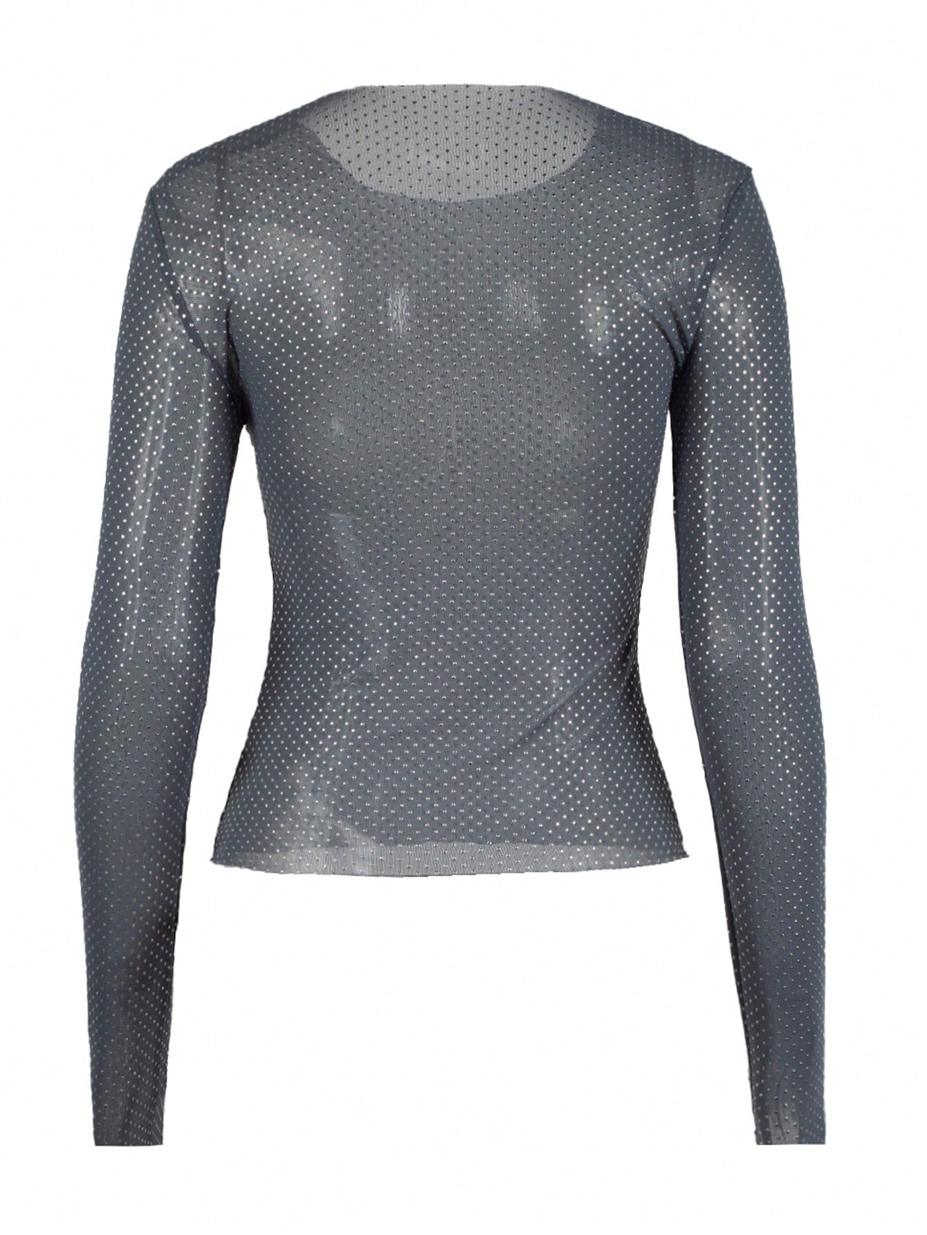 Women's Women Sexy Dark Grey Rhinestone Long Sleeve Top See Through Mesh Tee