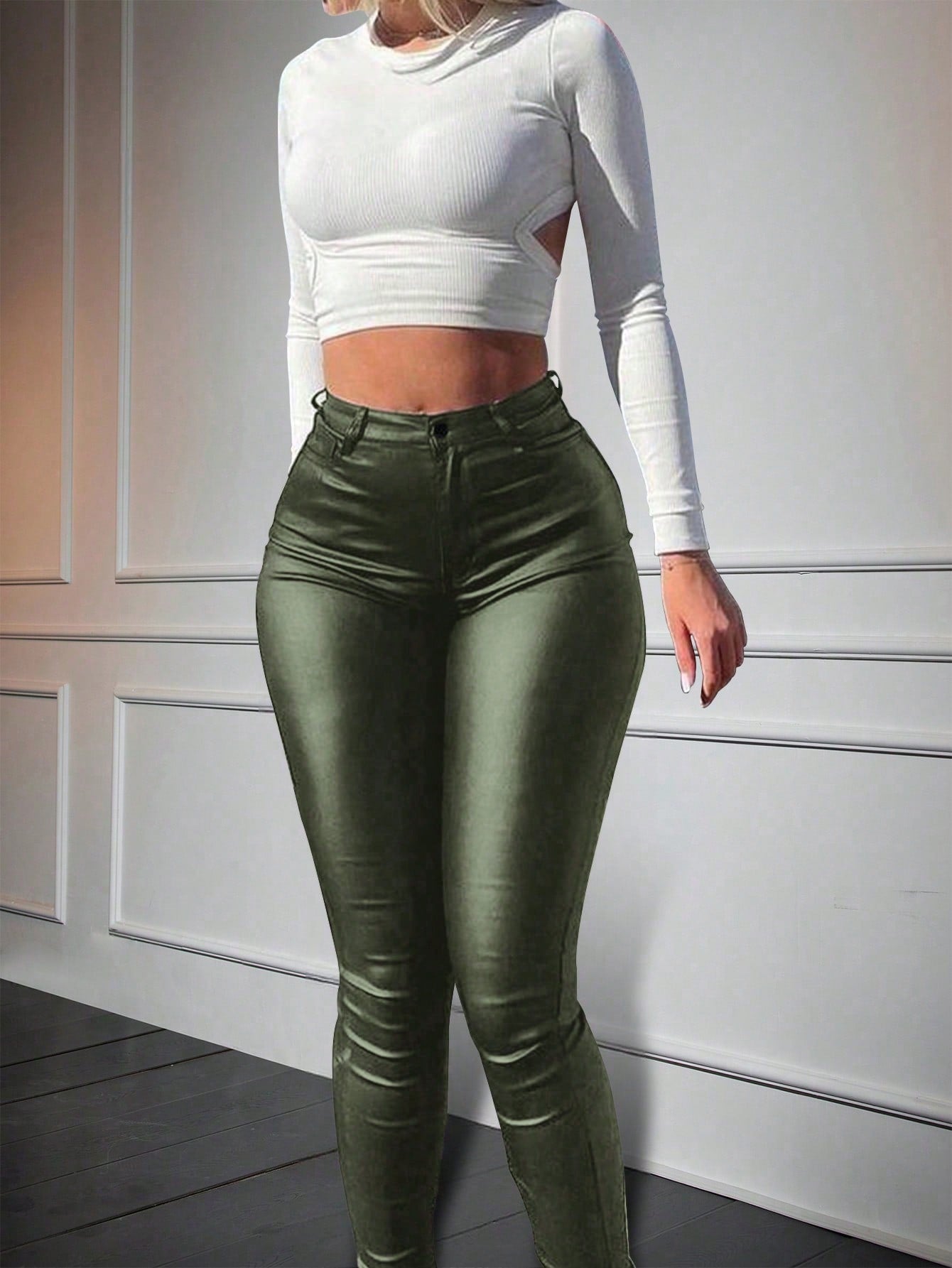Women's Olive Green Faux Leather Skinny Pants with High Waist