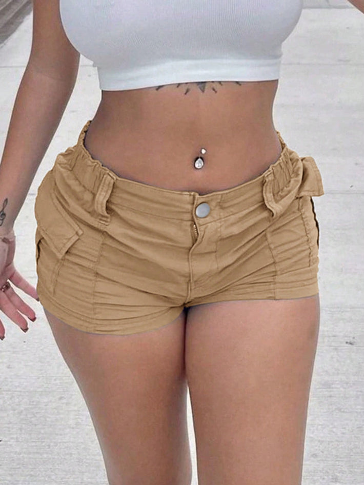 Apricot Low Rise Ruched Multi-Pocket Cargo Mini Shorts