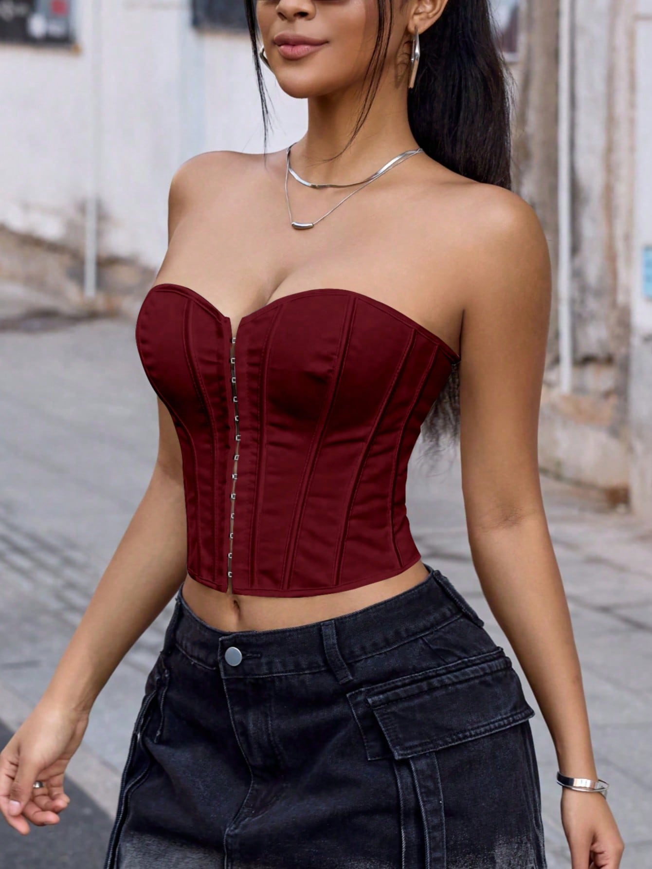 Women's Burgundy Satin Hook-Front Boned Corset Bustier