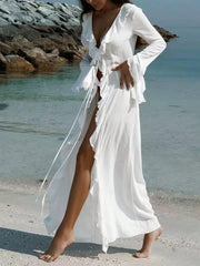 Women's White Off-Shoulder Long Sleeve Maxi Dress - Casual Beach Cover-Up Dress