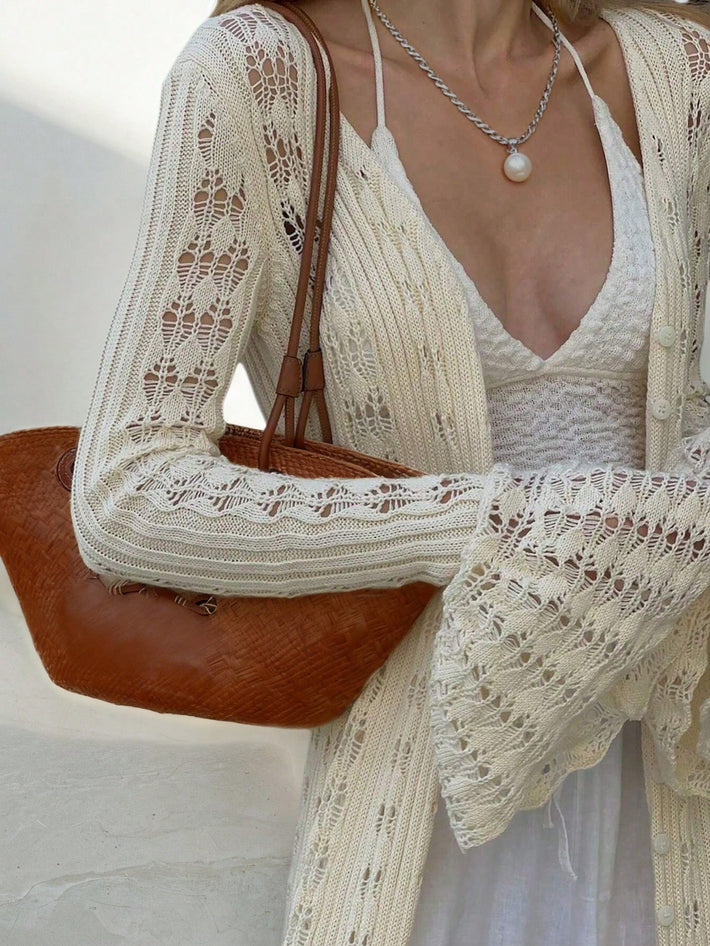 Women's Elegant White Pointelle Knit Maxi Cardigan with Ruffle Hem