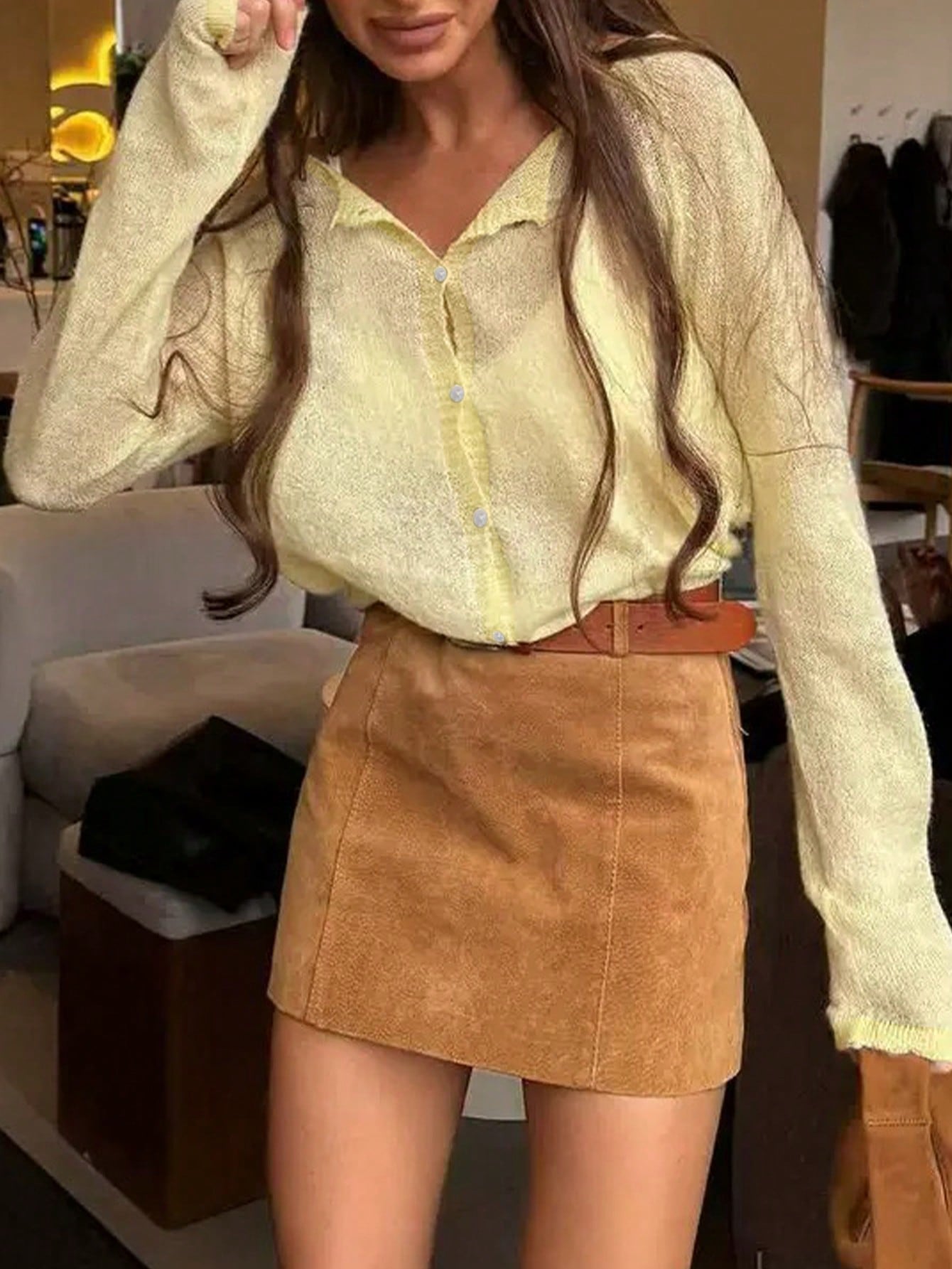 Women's Pale Yellow Sheer Knit Top - V-Neck Button Down Long Sleeve Cover-Up, Casual Wear