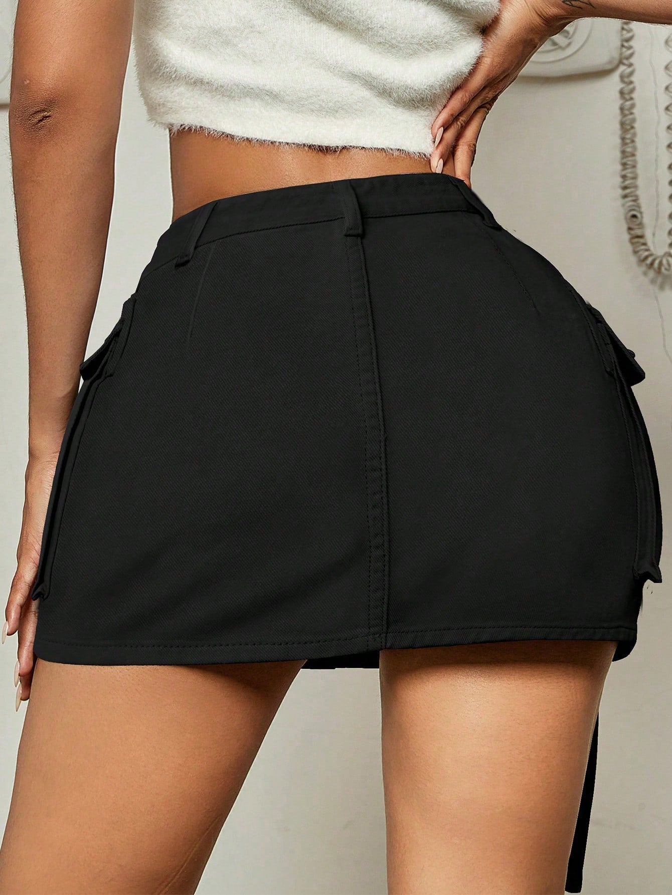 Women's Charcoal Black Denim Mini Skirt with Cargo Pockets Y2K Jean Skirts
