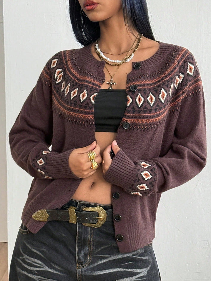 Women's Dark Brown Fair Isle Button-Up Cardigan Sweater