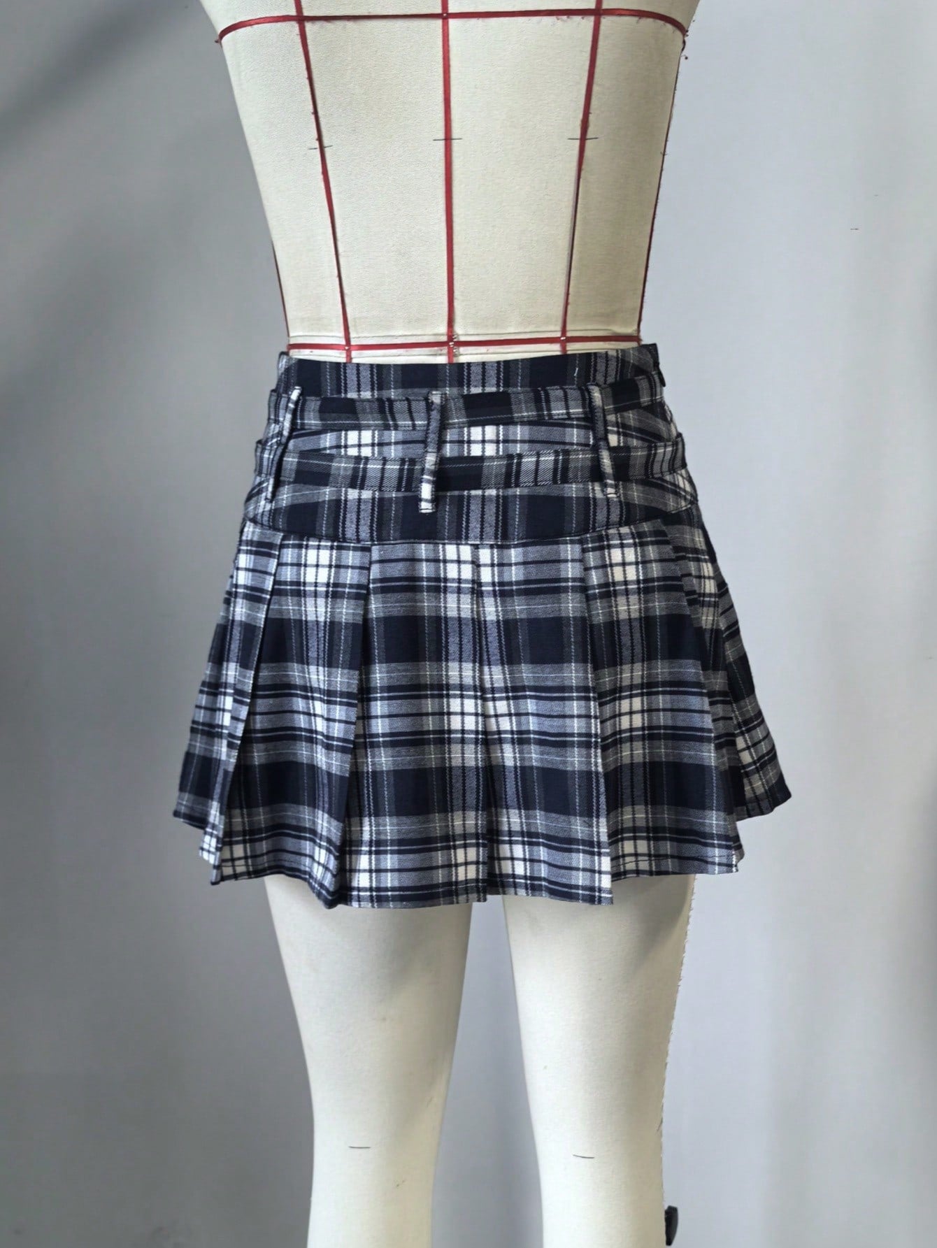 Women's Blue Grey Plaid High Waist Pleated Mini Skirt with Belt