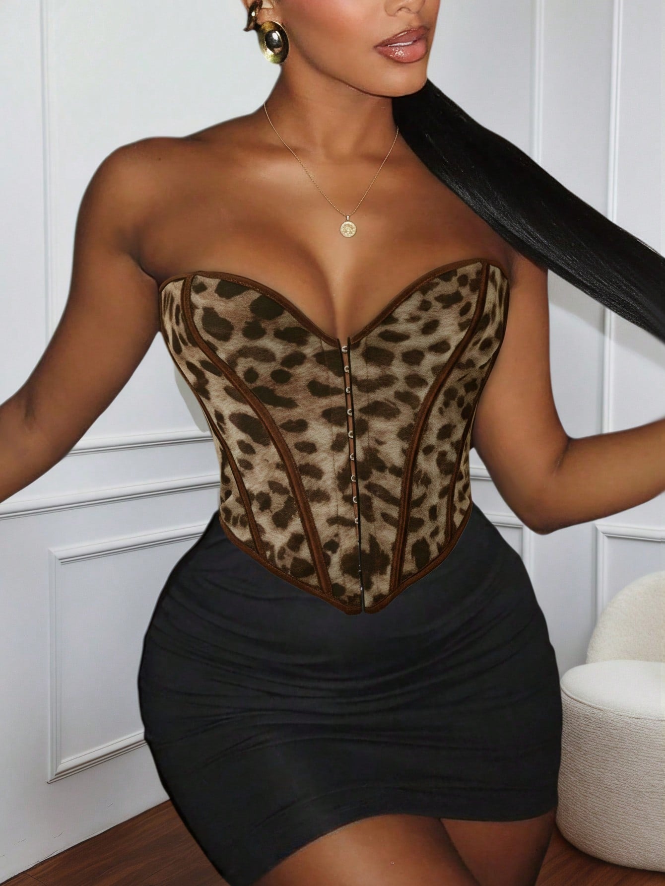 Women's Leopard Print Boned Corset Top with Hook and Eye Closure