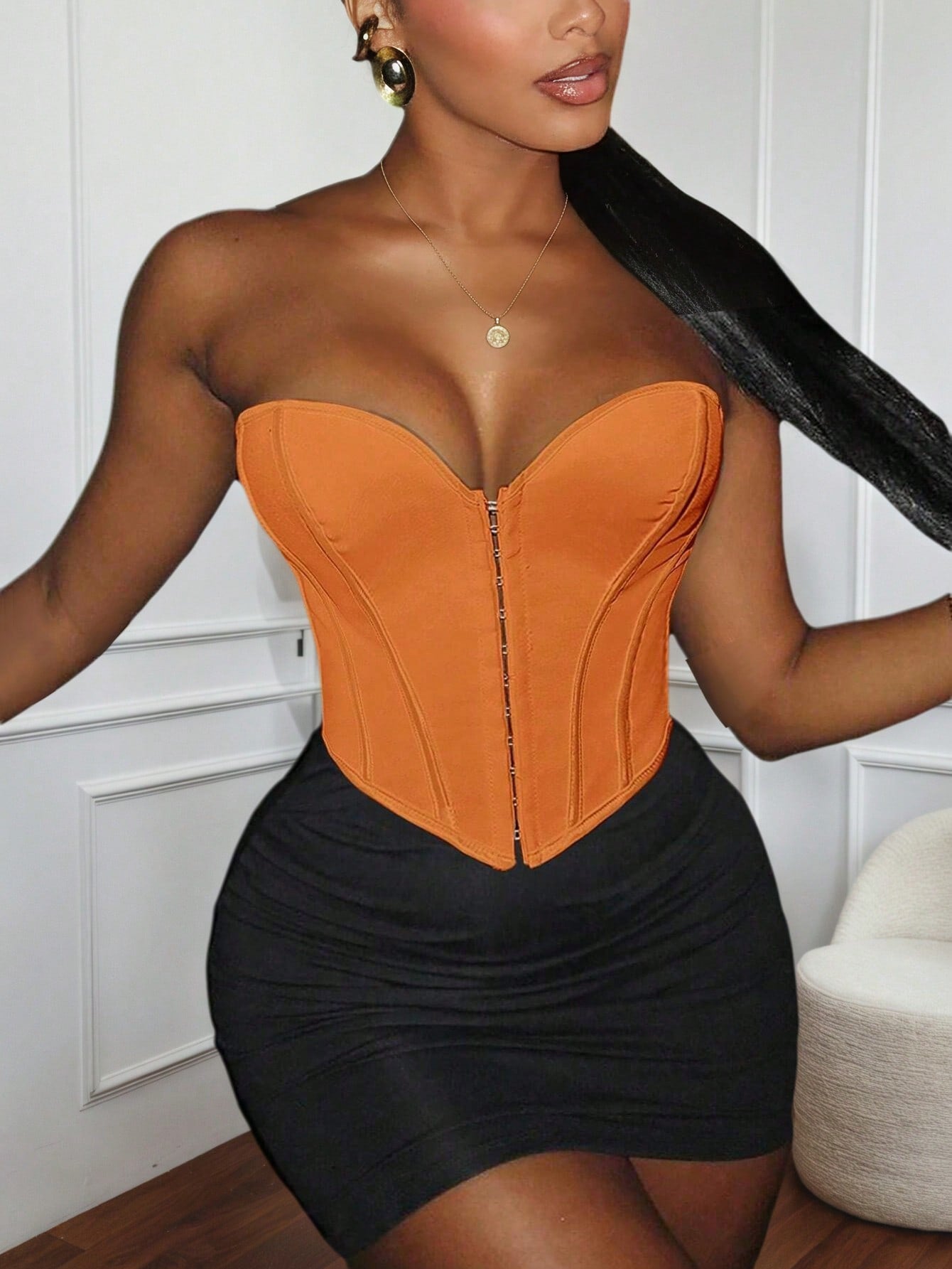 Women's Bright Orange Boned Corset Top with Hook and Eye Closure