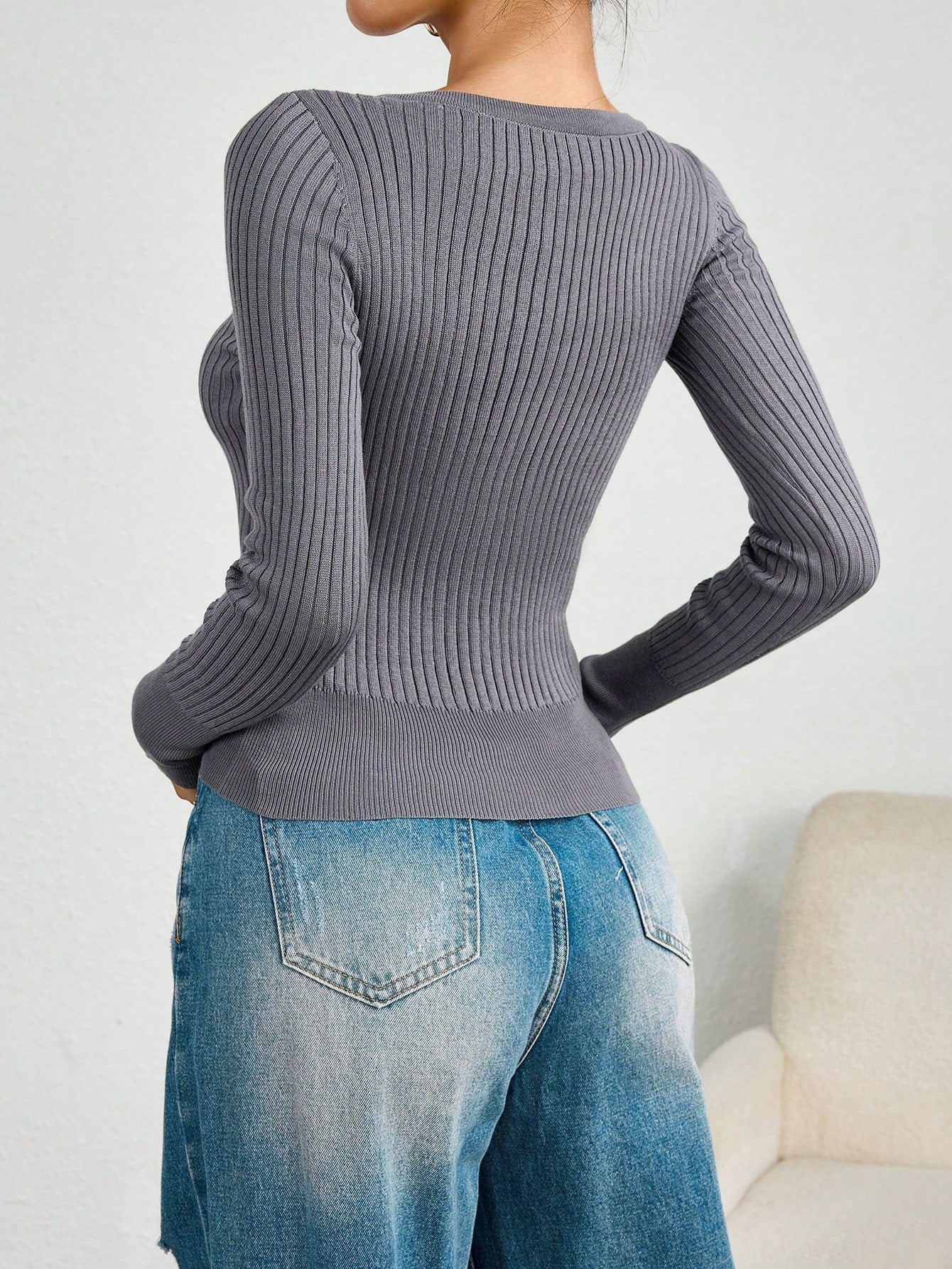 Women's Gray Ribbed Knit Henley Top with Button Placket