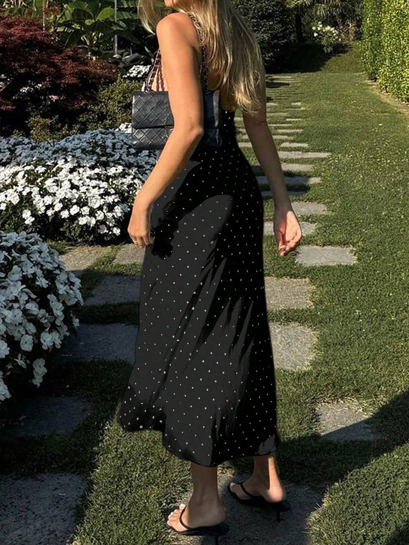 Women's Black Polka Dot Slip Maxi Dress with Lace Neckline