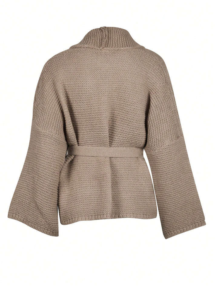 Women's Cozy Khaki Chunky Ribbed Knit Cardigan with Waist Tie
