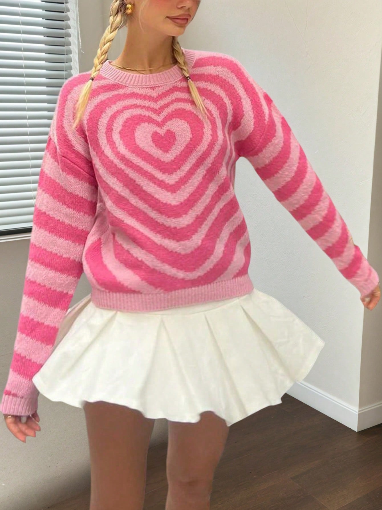 Women's Pink Polyester Chevron Stripe Knit Sweater with Heart Motif
