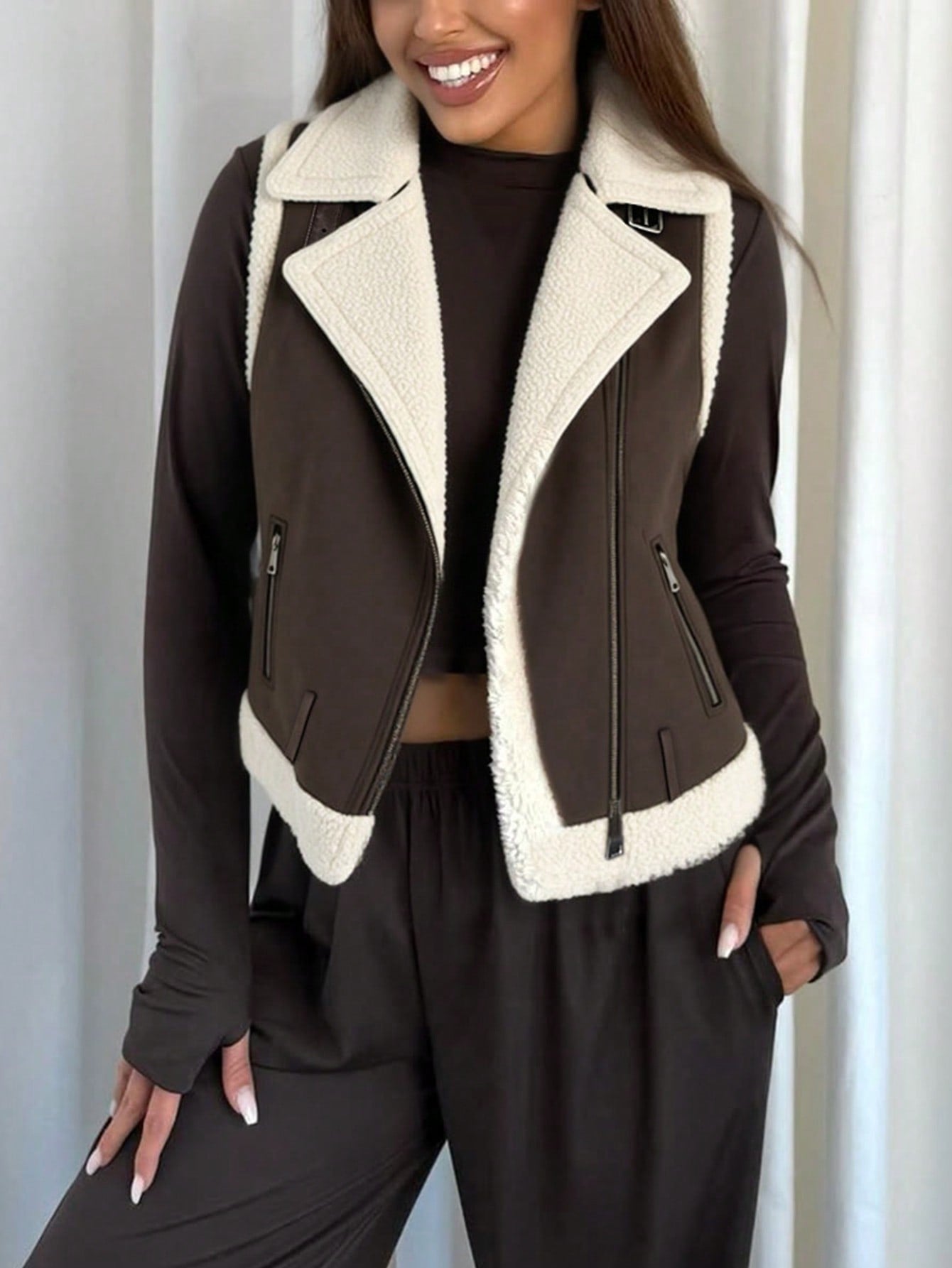 Women's Trendy Two-Tone Brown and White Shearling-Lined Biker Jacket
