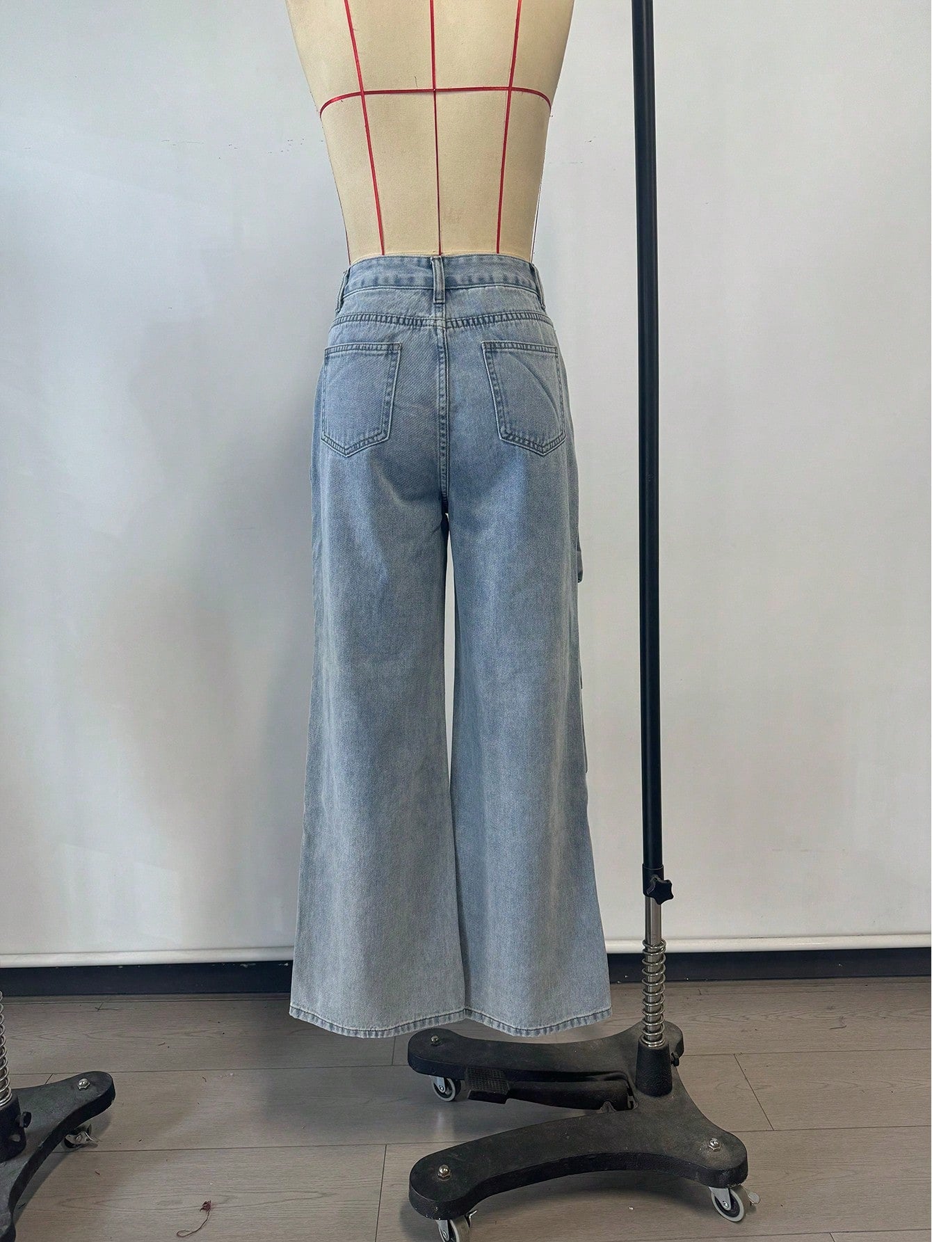 Women's Blue High-Waist Multi-Pocket Denim Cargo Pants