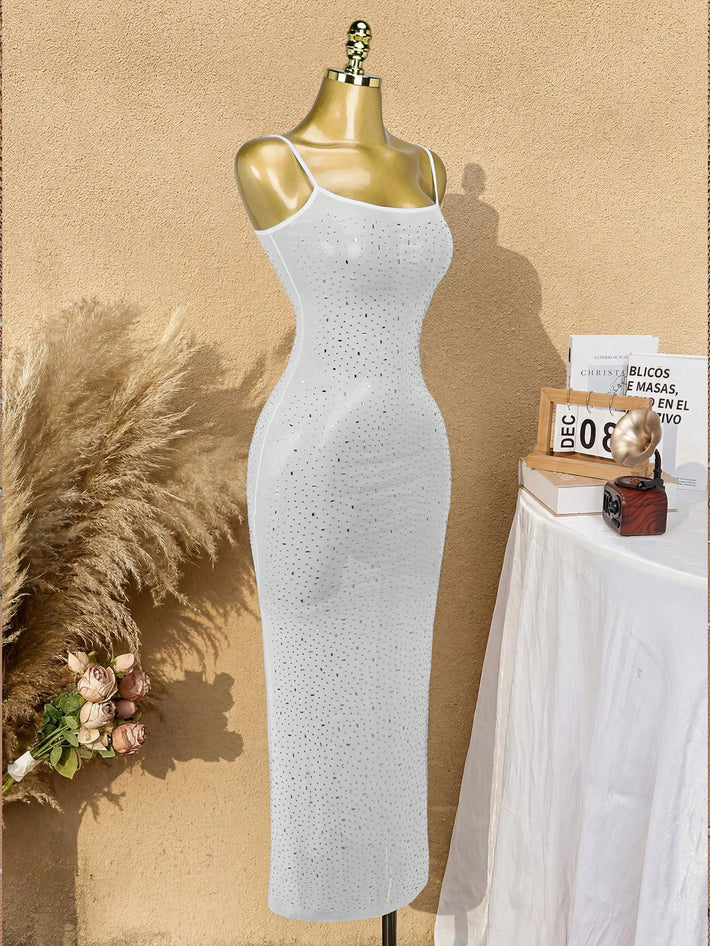 Women's White Sheer Mesh Rhinestone Bodycon Maxi Dress with Spaghetti Straps