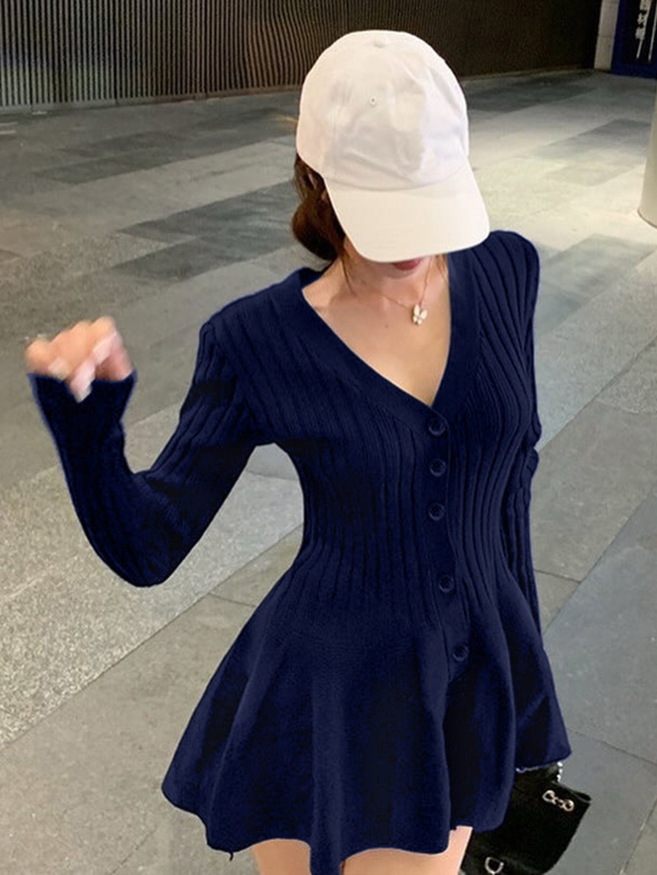Women's Blue Ribbed Knit Midi bodycon dress with sleeveless