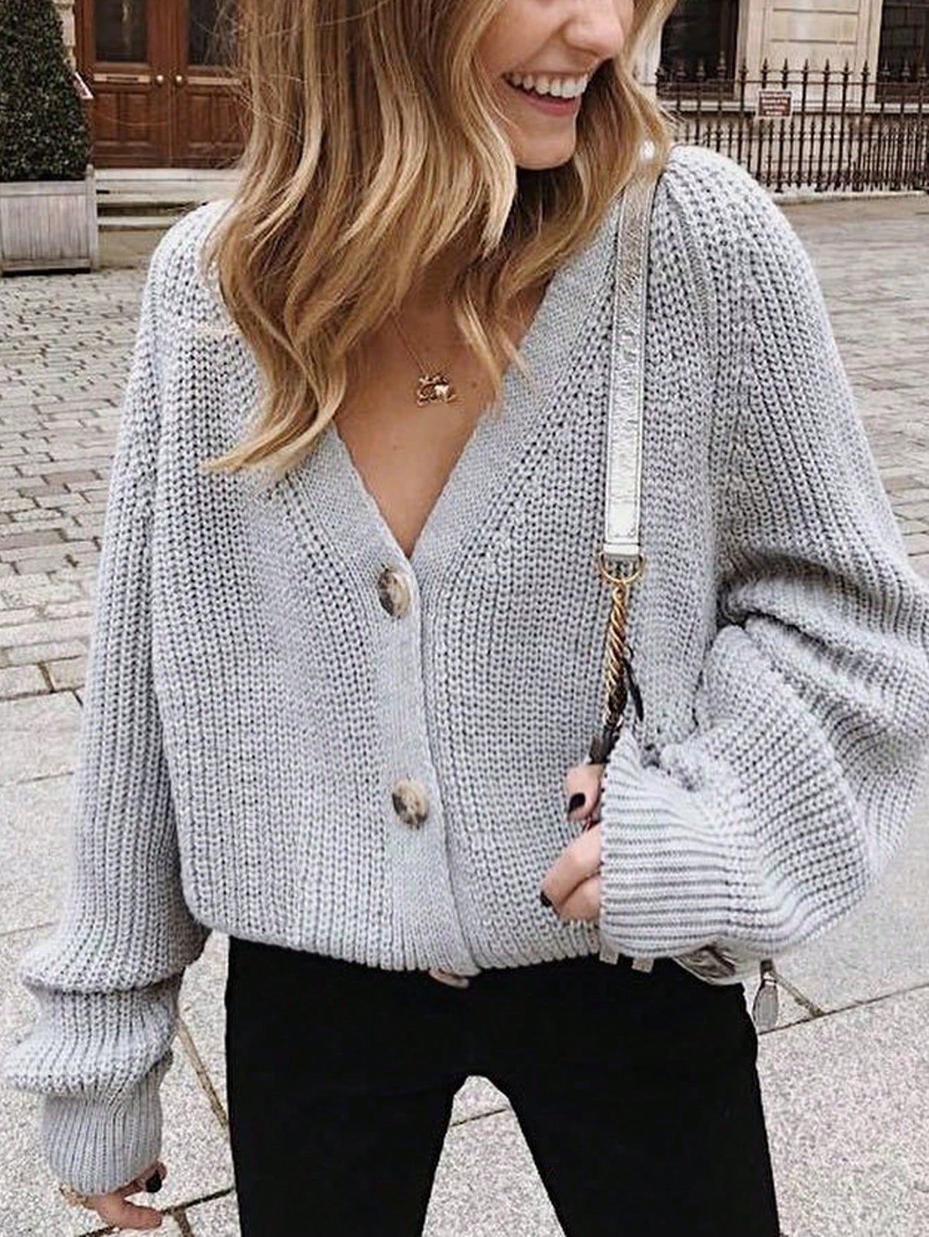 Women's V-Neck Grey Chunky Knit Cardigan with Balloon Sleeves