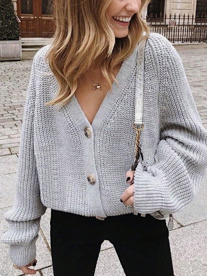 Women's V-Neck Grey Chunky Knit Cardigan with Balloon Sleeves