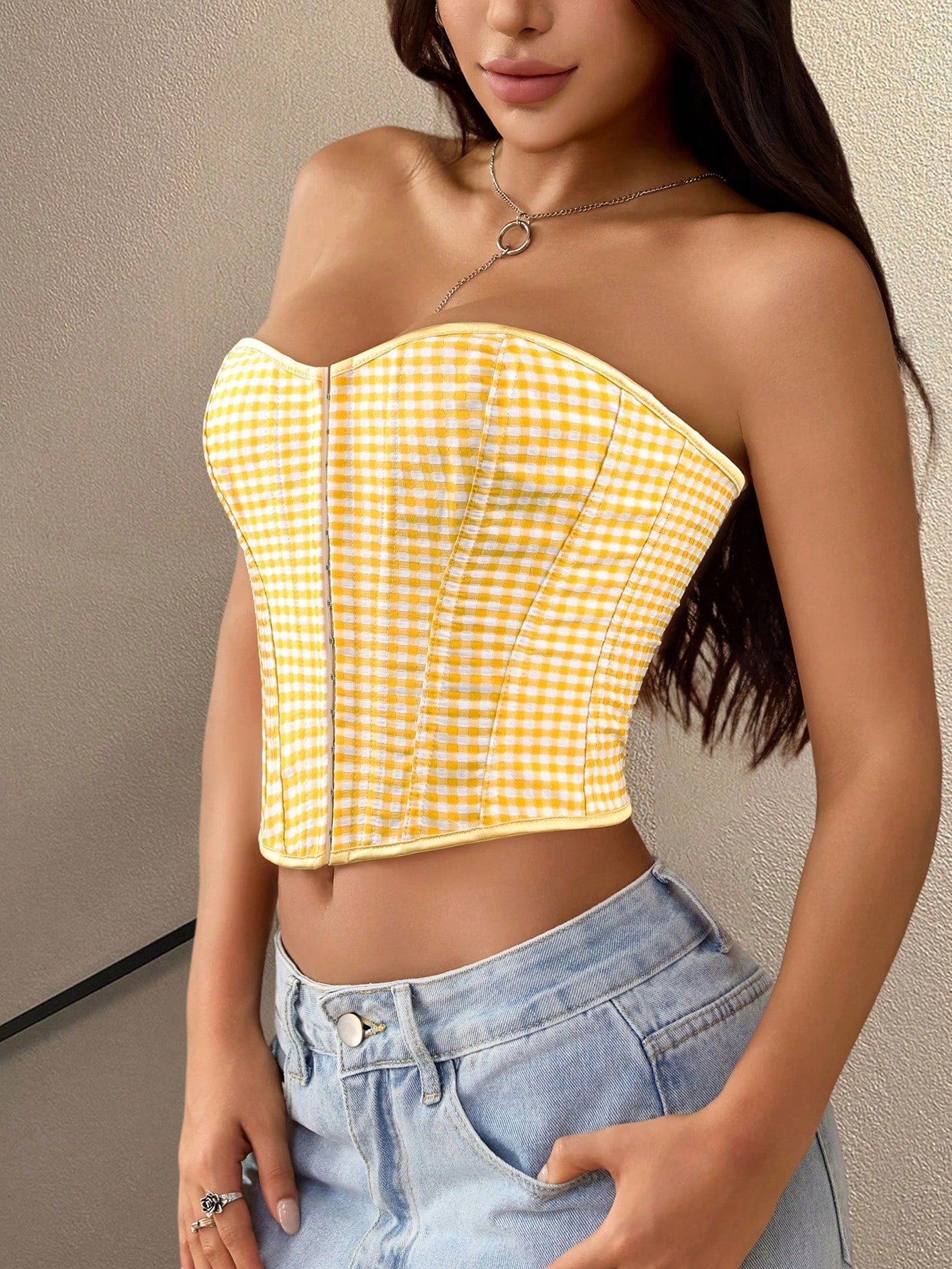 Women's Yellow Plaid Check Strapless Corset Bustier