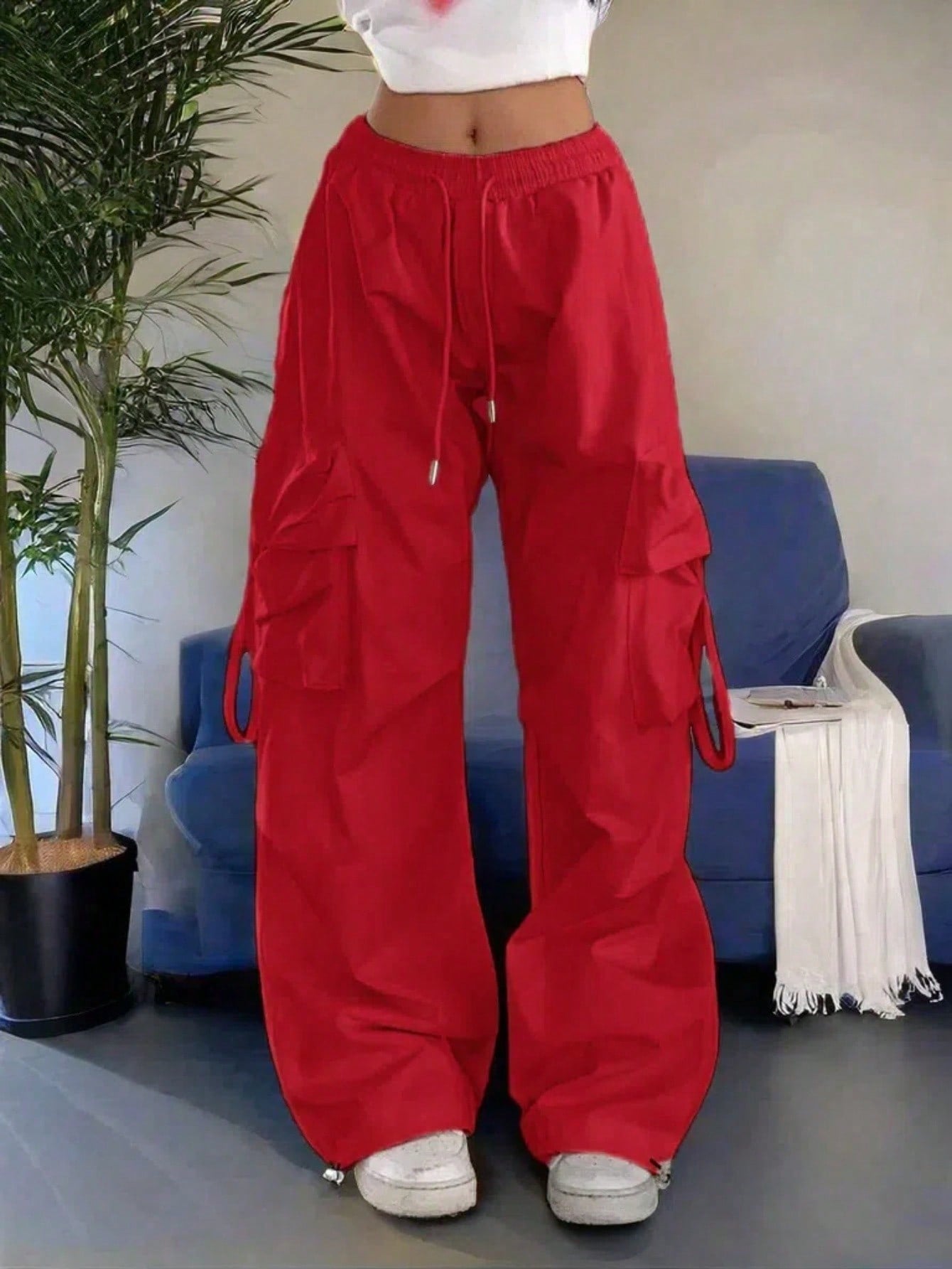 Women's Red Cotton Full-length cargo pants with cargo pockets