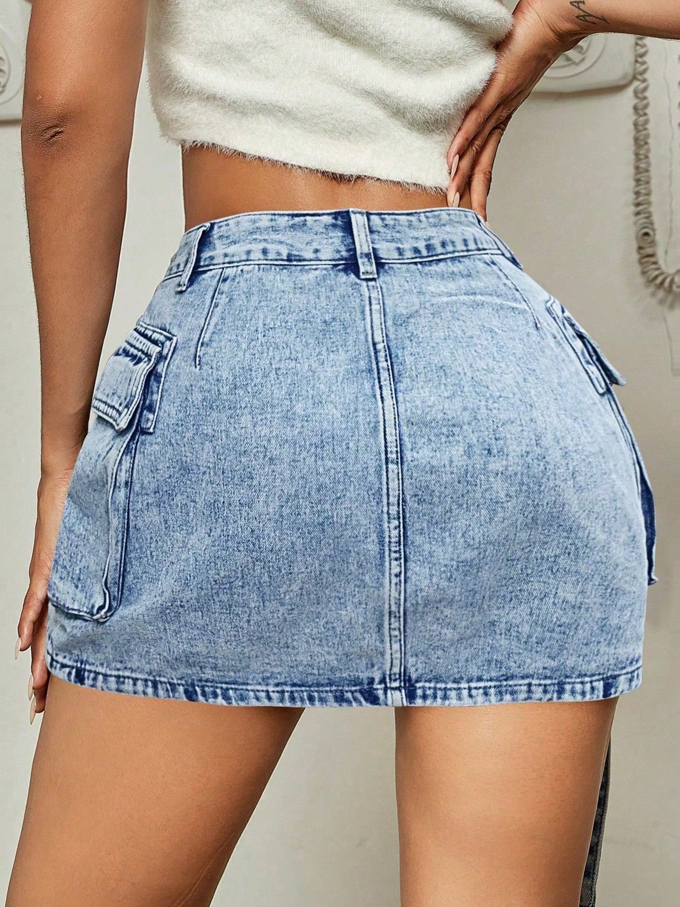 Women's Apperloth Acid Wash Light Blue Denim Mini Skirt Sexy Cargo Style