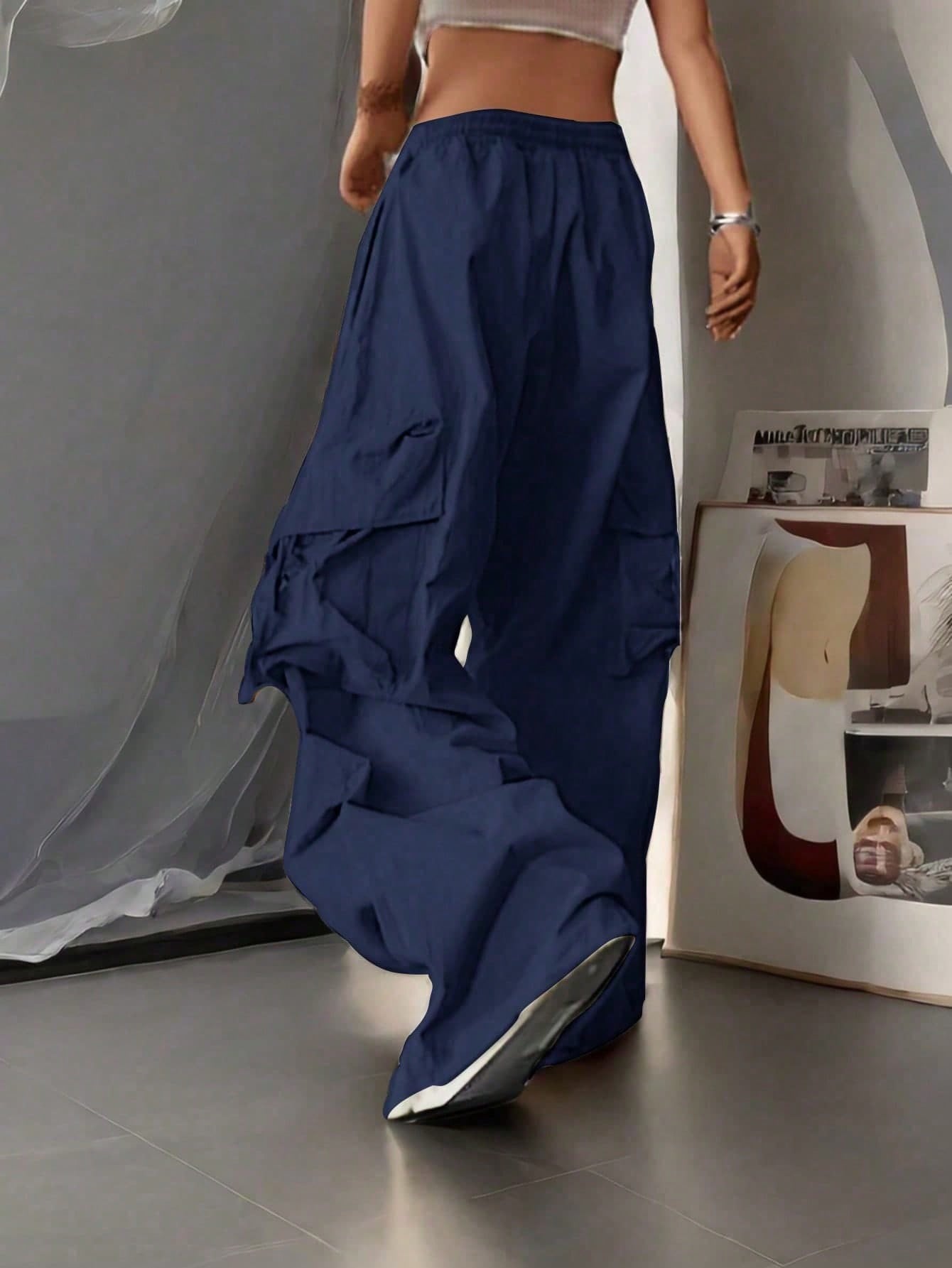 Women's Navy Blue Cotton Full-length cargo pants with cargo pockets