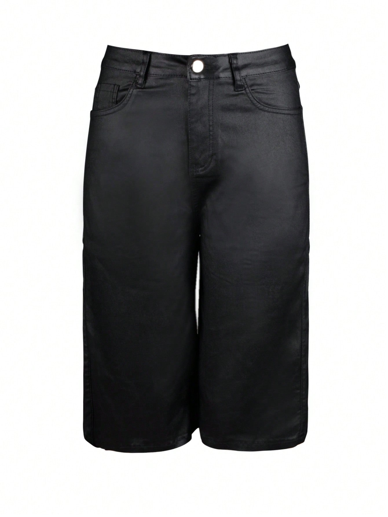 Black High Waist Coated Denim Knee Length Bermuda Shorts