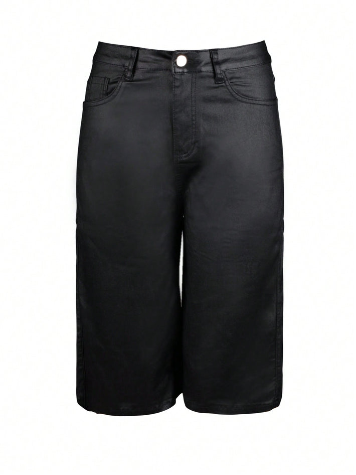 Black High Waist Coated Denim Knee Length Bermuda Shorts