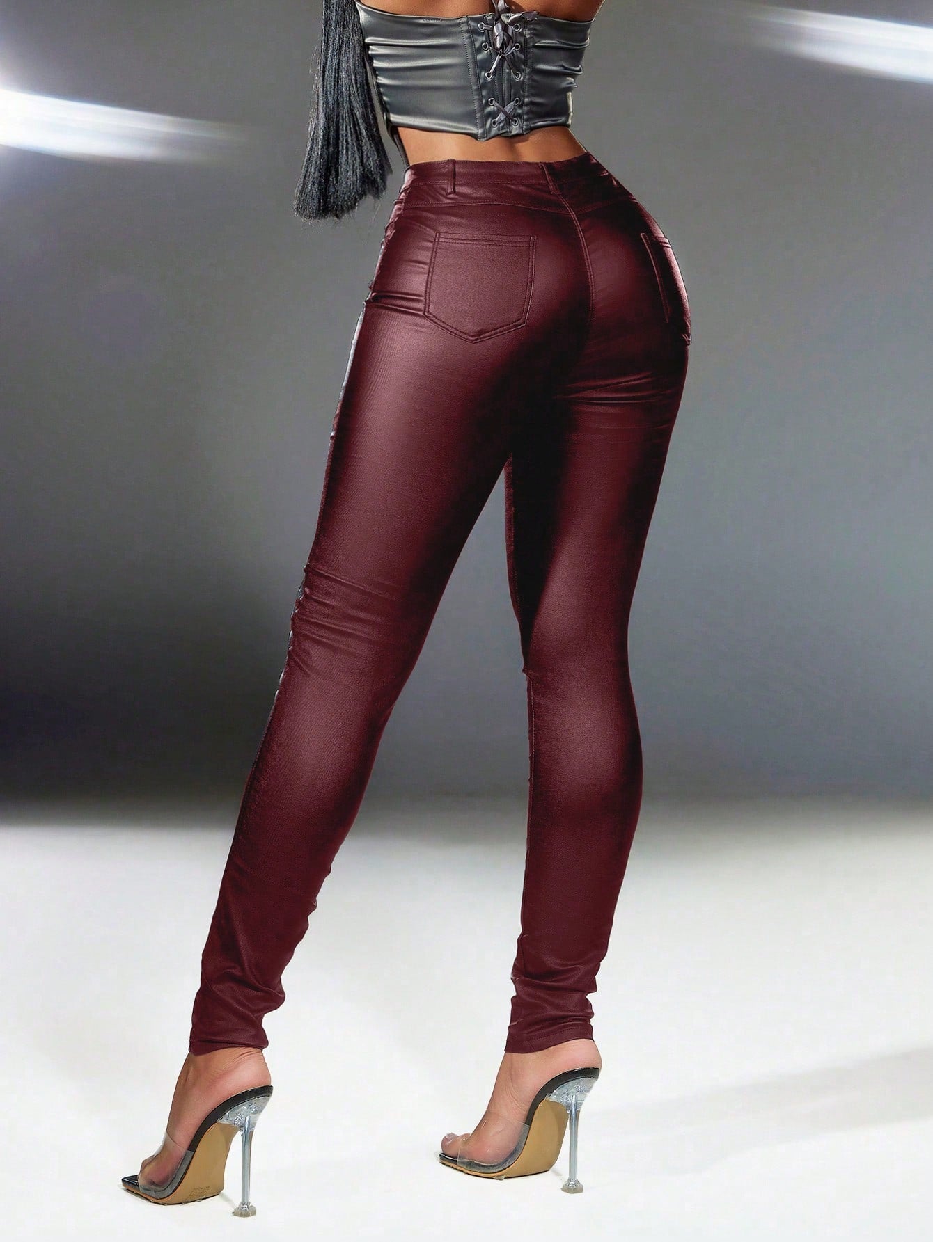 Women's Dark Red Cotton Blend High Waisted Cargo Pants with Buckle Detail