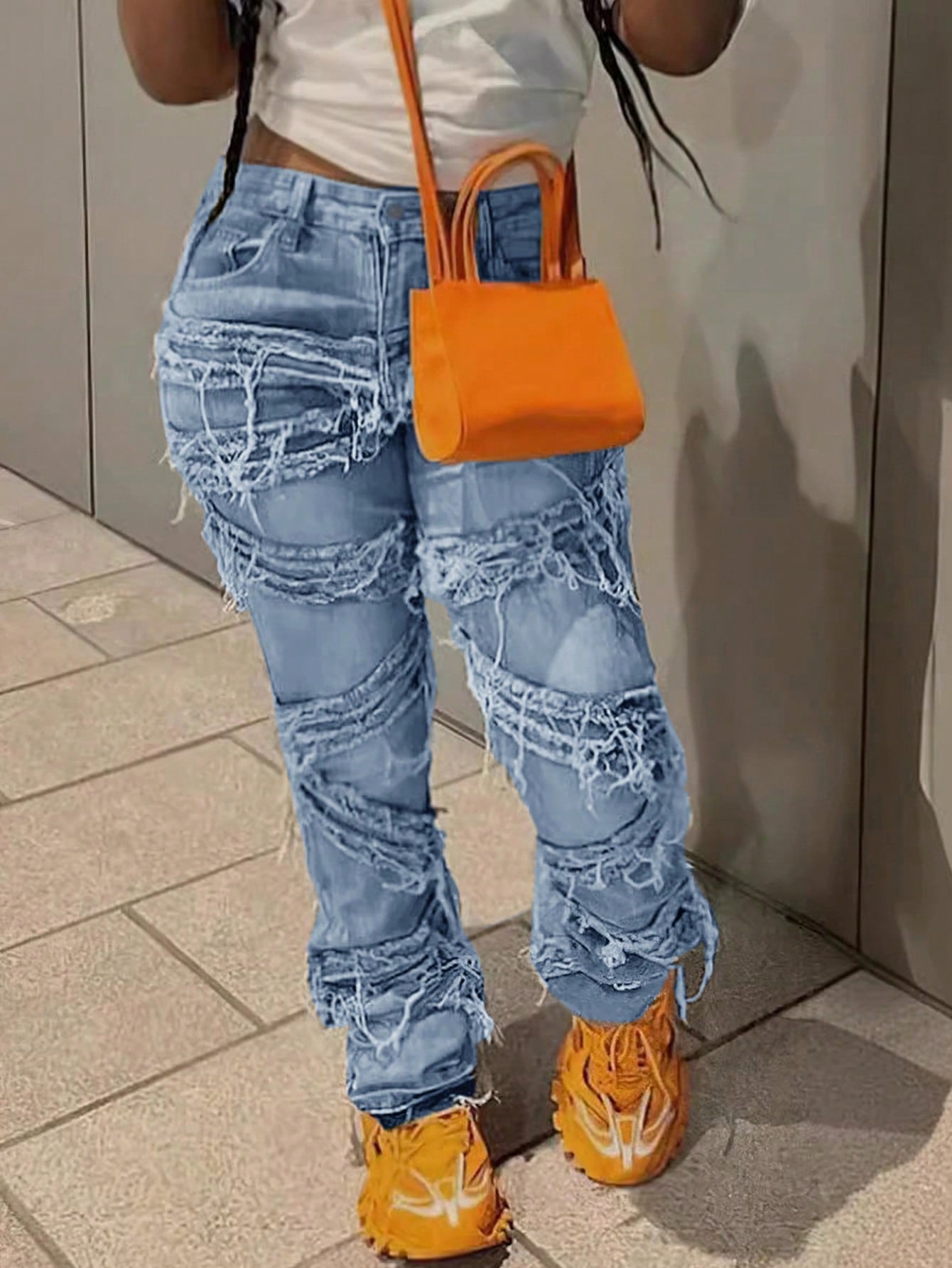 Women's Blue Heavily Distressed Shredded Fringe Jeans