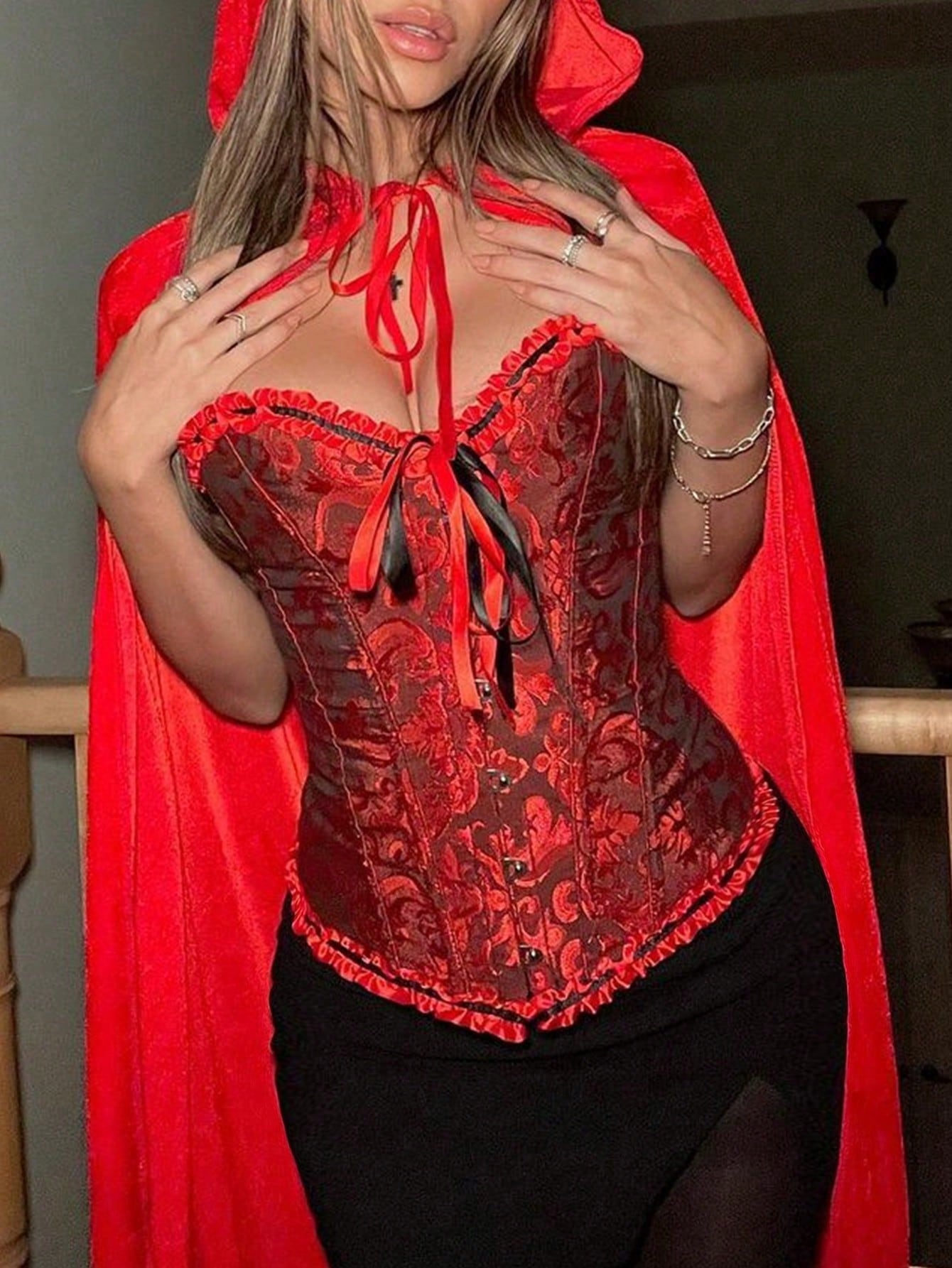 Women's Red Black Gothic Brocade Ruffle Corset Costume Top