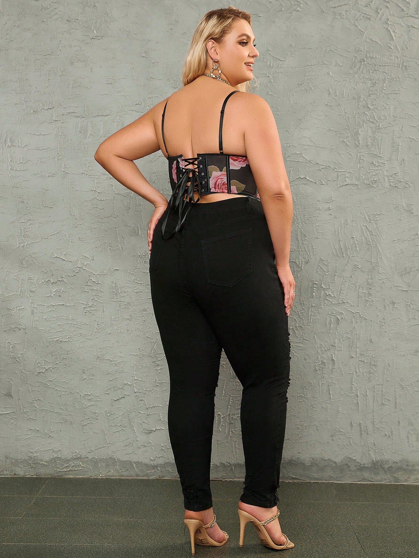 Women's Black Polyamide Blend Floral Print Corset Camisole Top with Hook-and-Eye