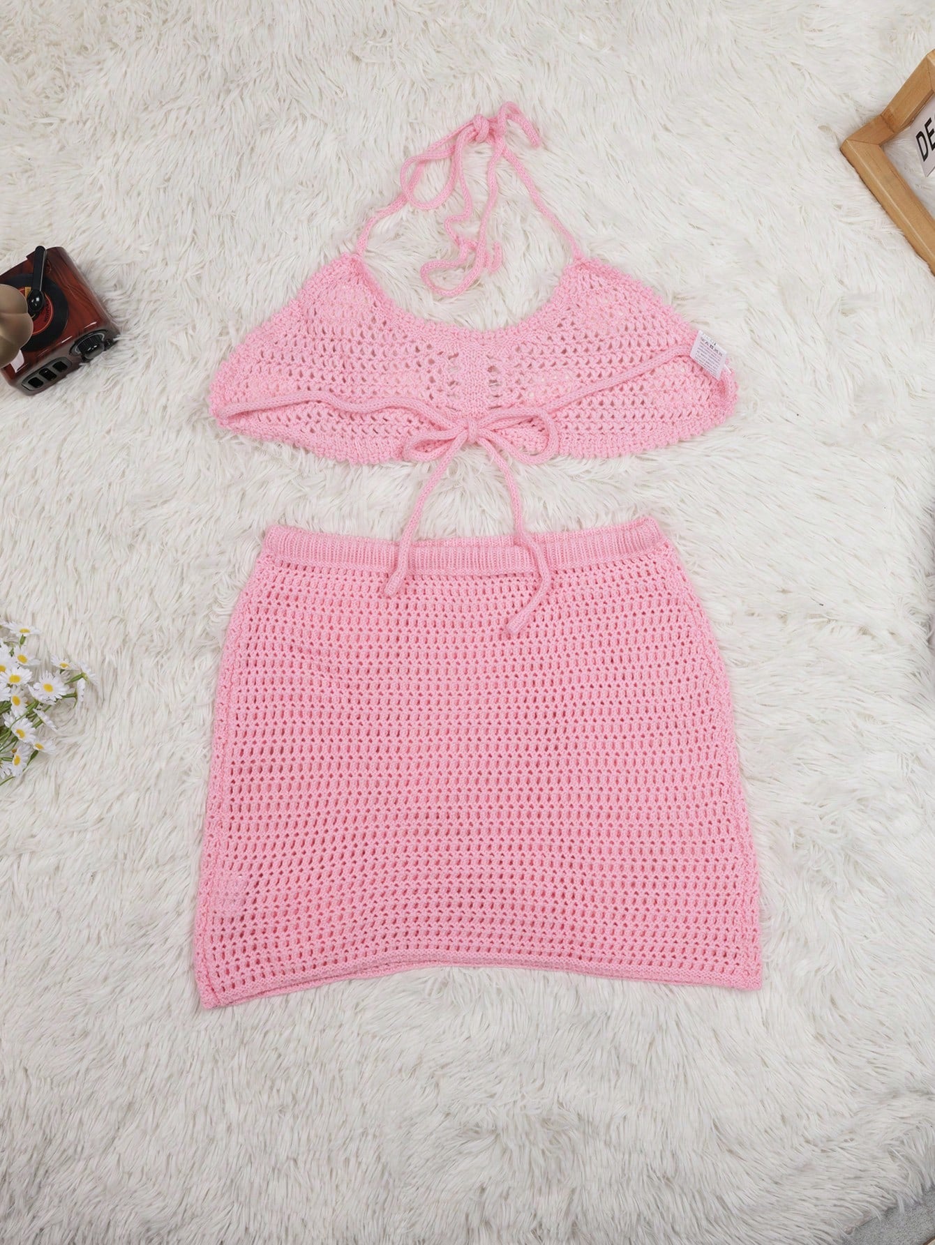 Women's Light Pink Crochet Knit Two-Piece Set with White Flower Appliqu¨¦s